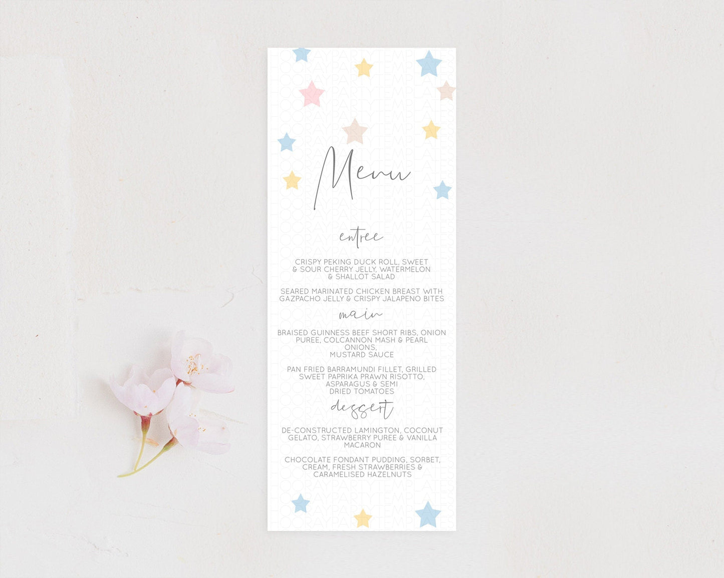 Star Menu Template Pastel Stars Menu Shooting Star Twinkle Little Star Decor Rainbow Colorful Confetti Dinner Dessert Food Menu D10795