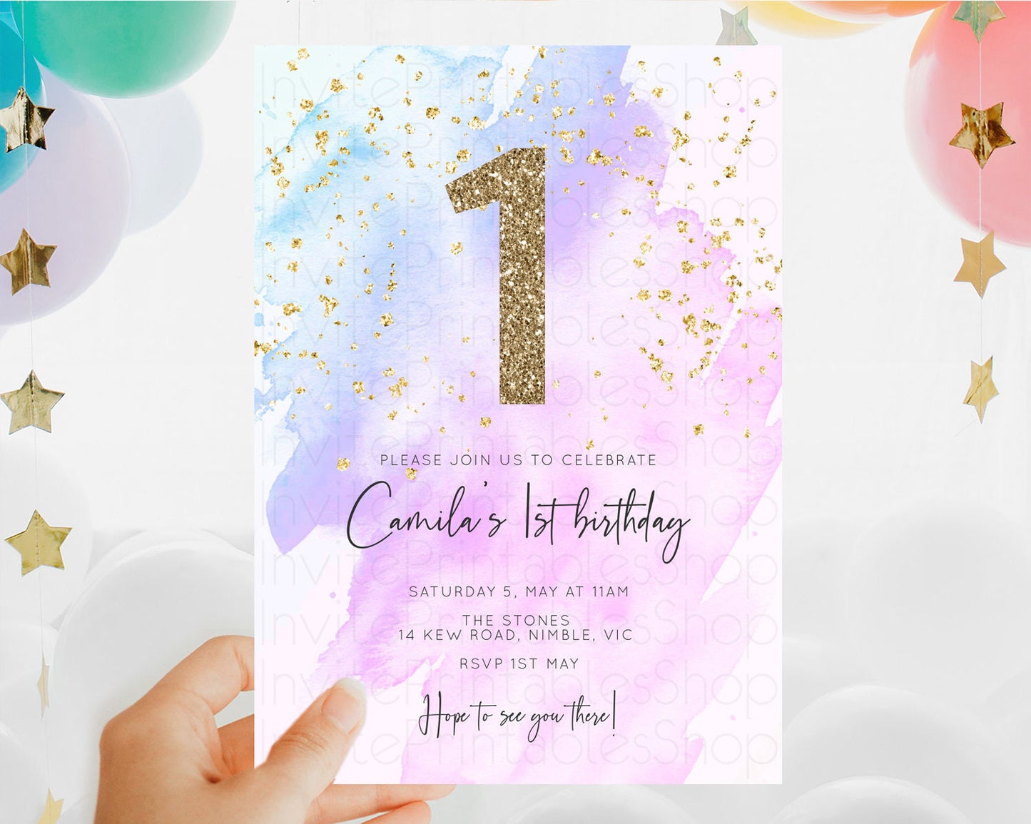 Purple Birthday Invitation Purple Watercolor Invite Pastel Purple Watercolor Invitation Purple Splash Gold Invitation First Birthday D10169