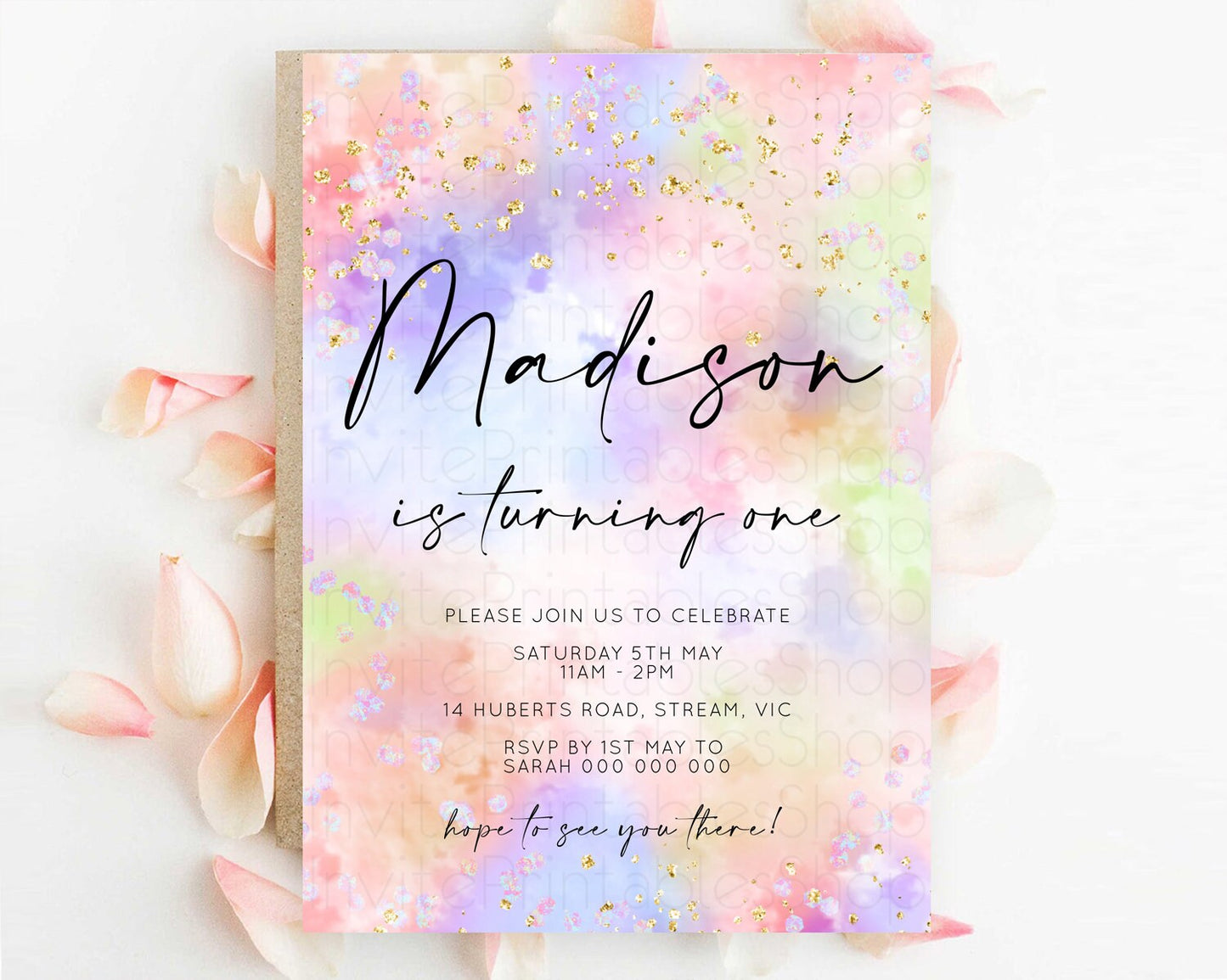Rainbow Birthday Invitation Colorful Pastel Watercolor Invitation Gold Glitter Sprinkles Ombre Pastel 1st 2nd 3rd Birthday D10610