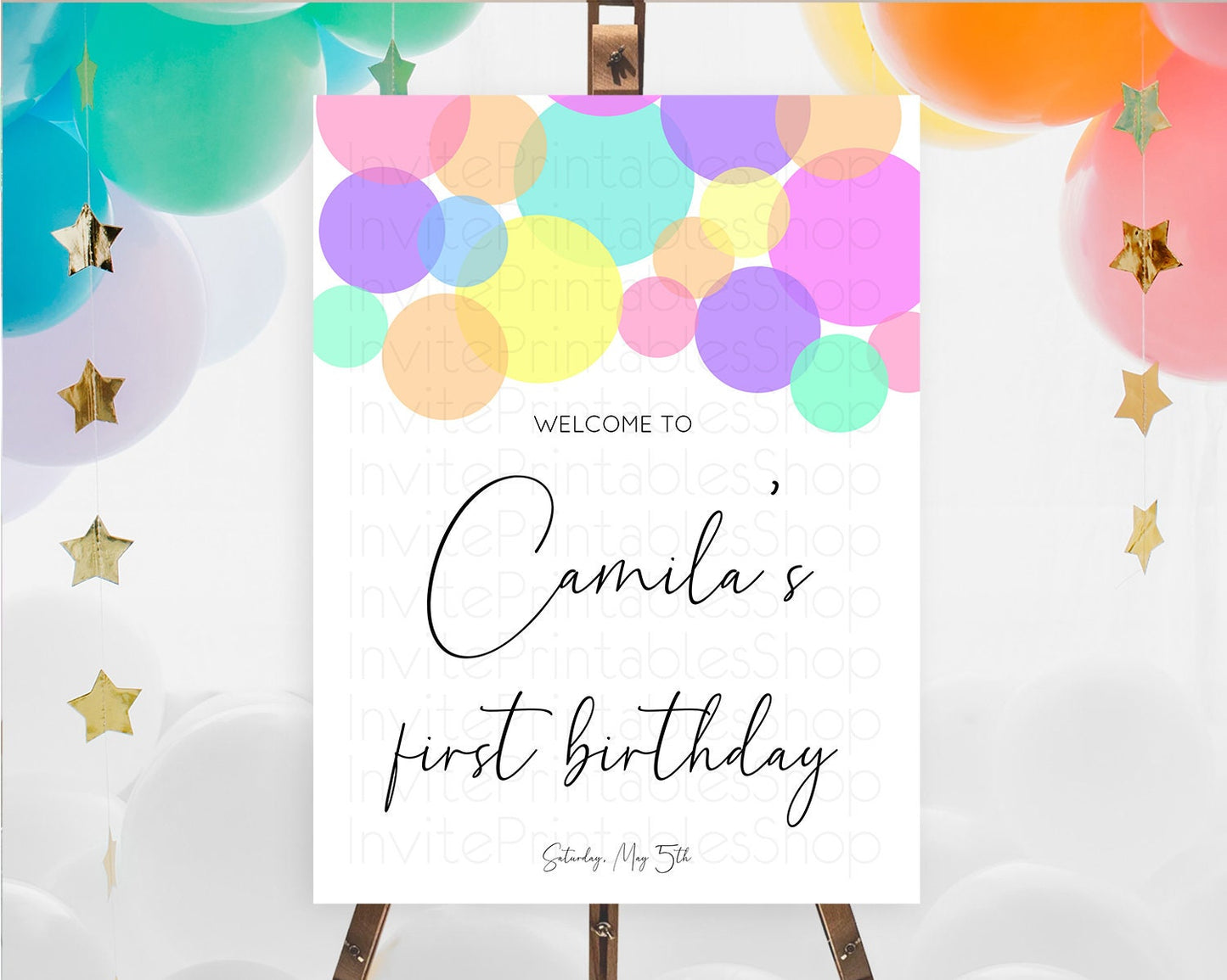 Rainbow Welcome Sign Pastel Welcome Board Pastel Rainbow Confetti Welcome Sign Colorful Bubbles Pastel First Birthday Welcome Sign D10888