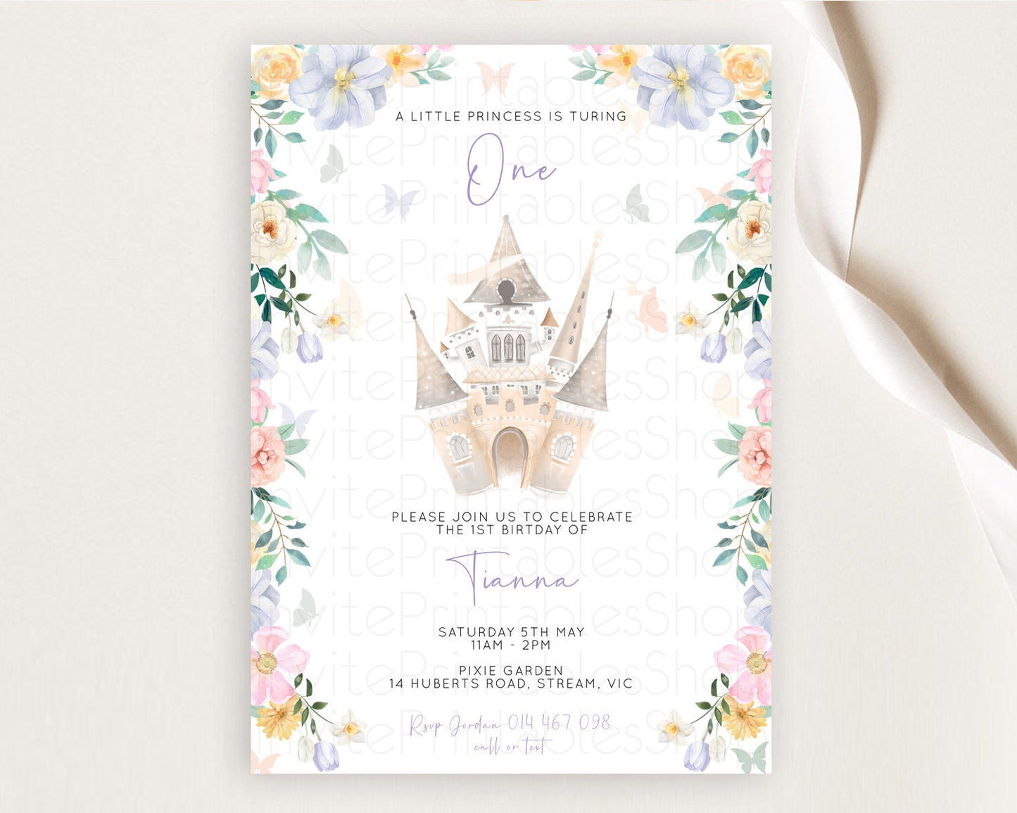 Princess Birthday Invitation Castle Invitation Royal Birthday Fairy Tale Enchanted Castle Pastel Floral Garden 1st First Birthday D10473