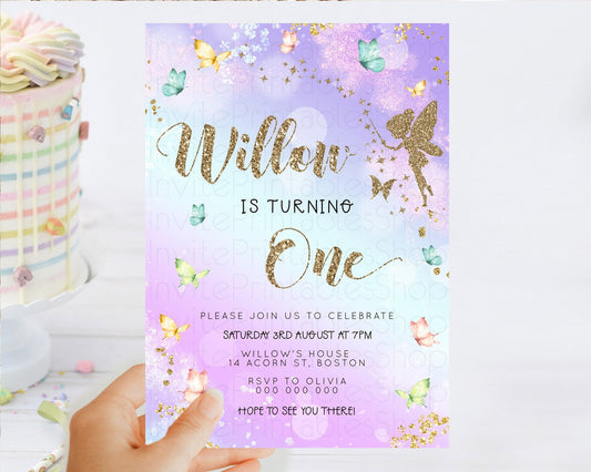 Pastel Fairy Birthday Invitation Pastel Butterflies Fairy Birthday Invitation Rainbow Ombre Watercolor 1st 2nd Birthday Invitation D23166