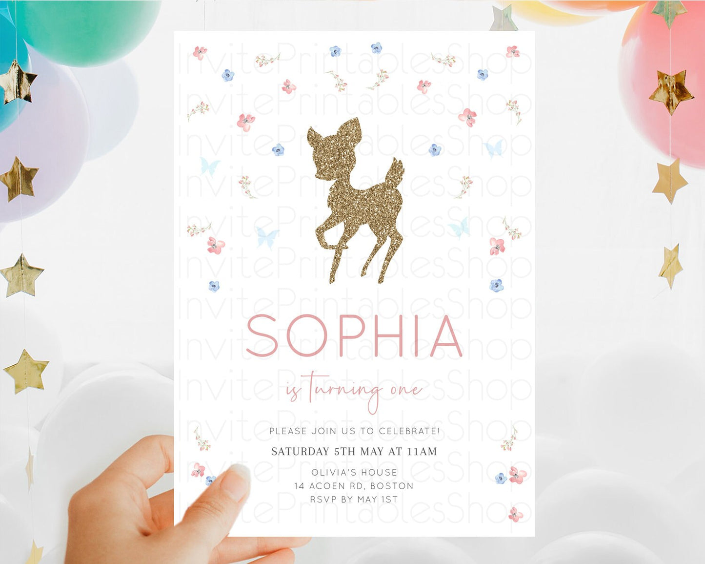 Fawn Birthday Invitation Deer Birthday Invitation Enchanted Forest Party Butterfly Pastel Flowers Whimsical 2nd 1st First Birthday D10359