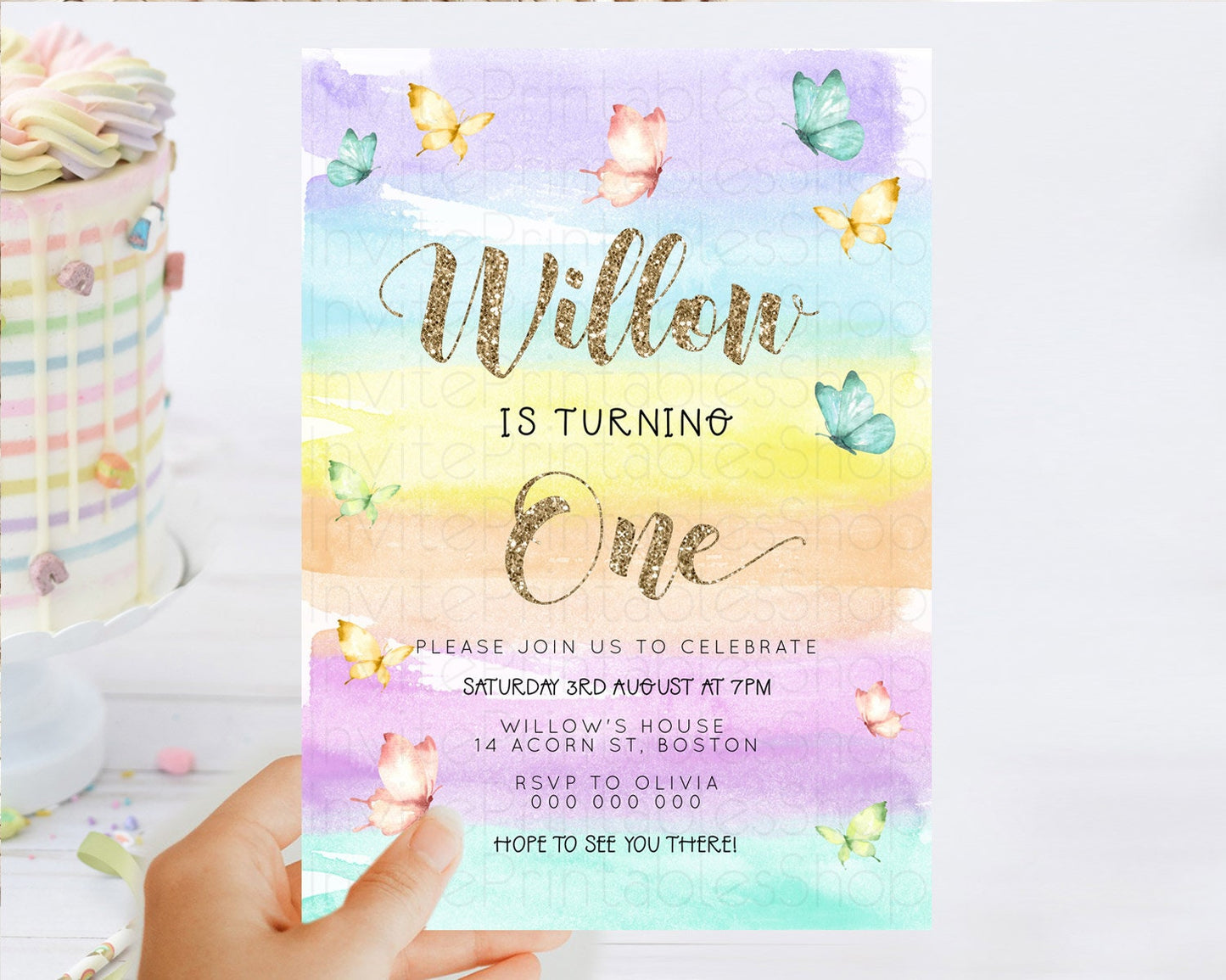 Pastel Butterfly Birthday Invitation Butterfly Birthday Invitation Colorful Splash Glitter Butterfly Garden 1st 2nd Birthday D23221