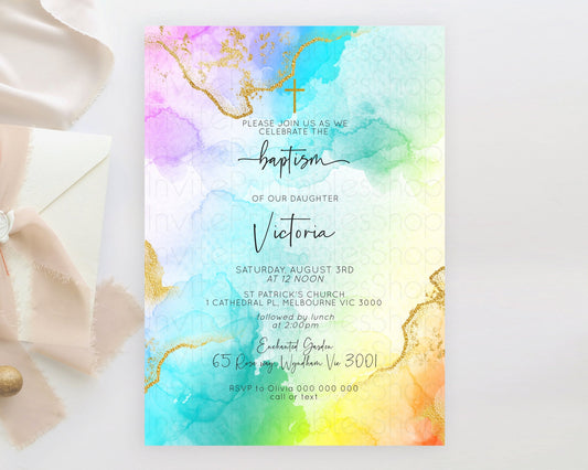 Pastel Baptism Invitation Pastel Colors Watercolor Baptism 1st Birthday Party Gold Ombre Pastel Rainbow Christening Holy Communion D10390