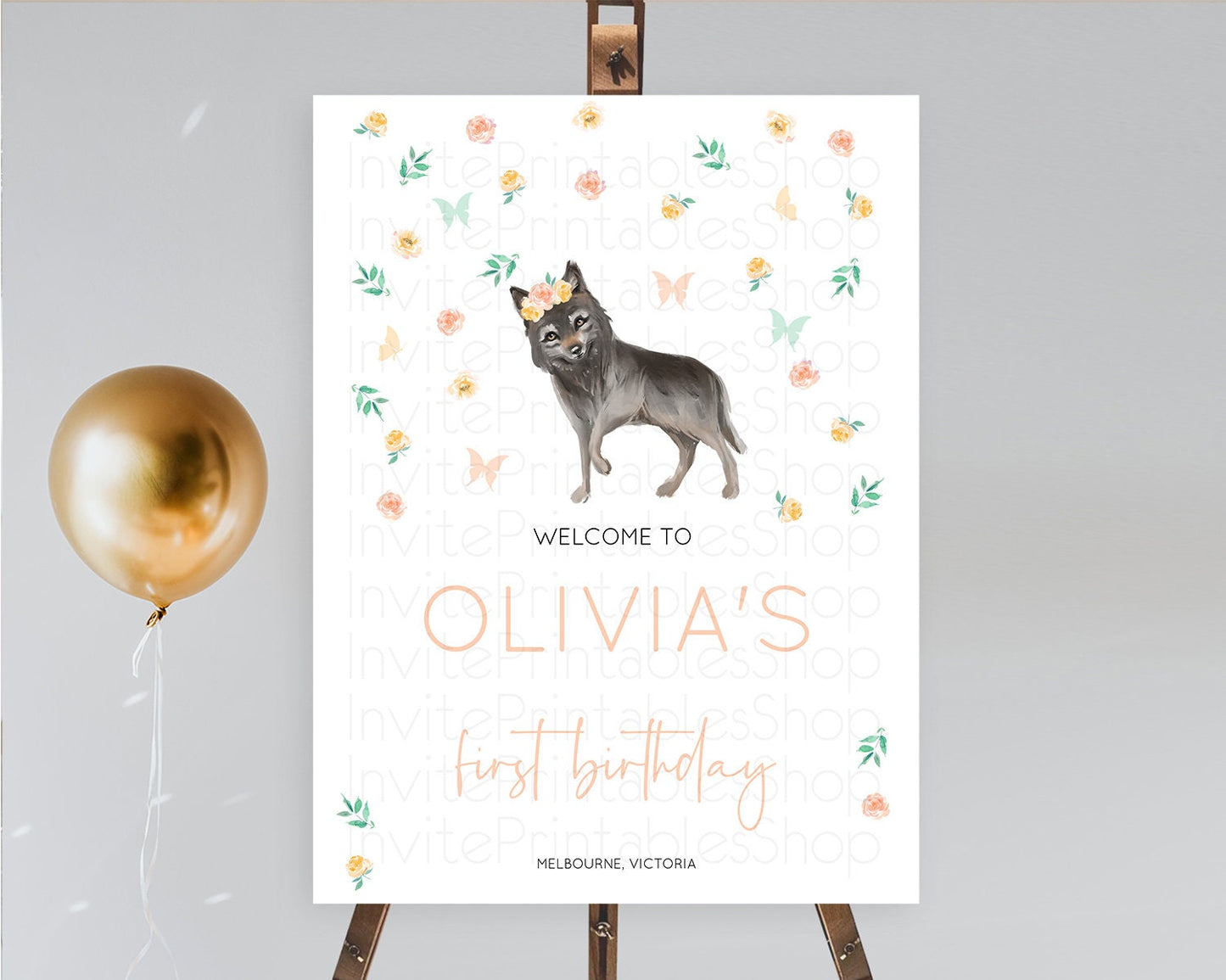 Wolf Welcome Sign Wolf Welcome Board Pastel Floral Wolf Welcome Poster Forest Wolf Party Decor Wolf First Birthday Welcome Sign D10362