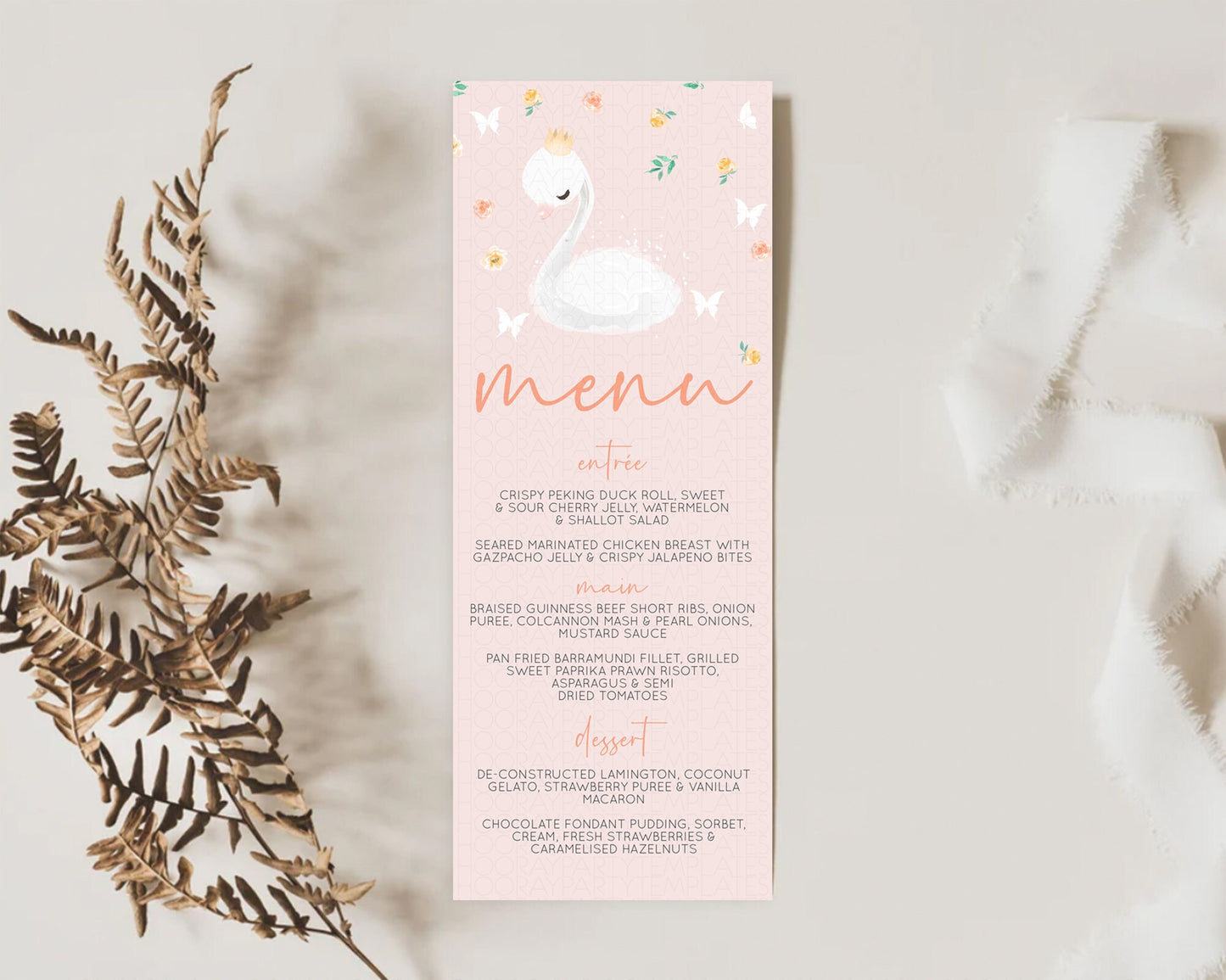 Swan Menu Swan Princess Ballet Menu Template Enchanted Swan Lake Table Decor Secret Garden Pastel Floral Dinner Dessert Food Menu  D10388