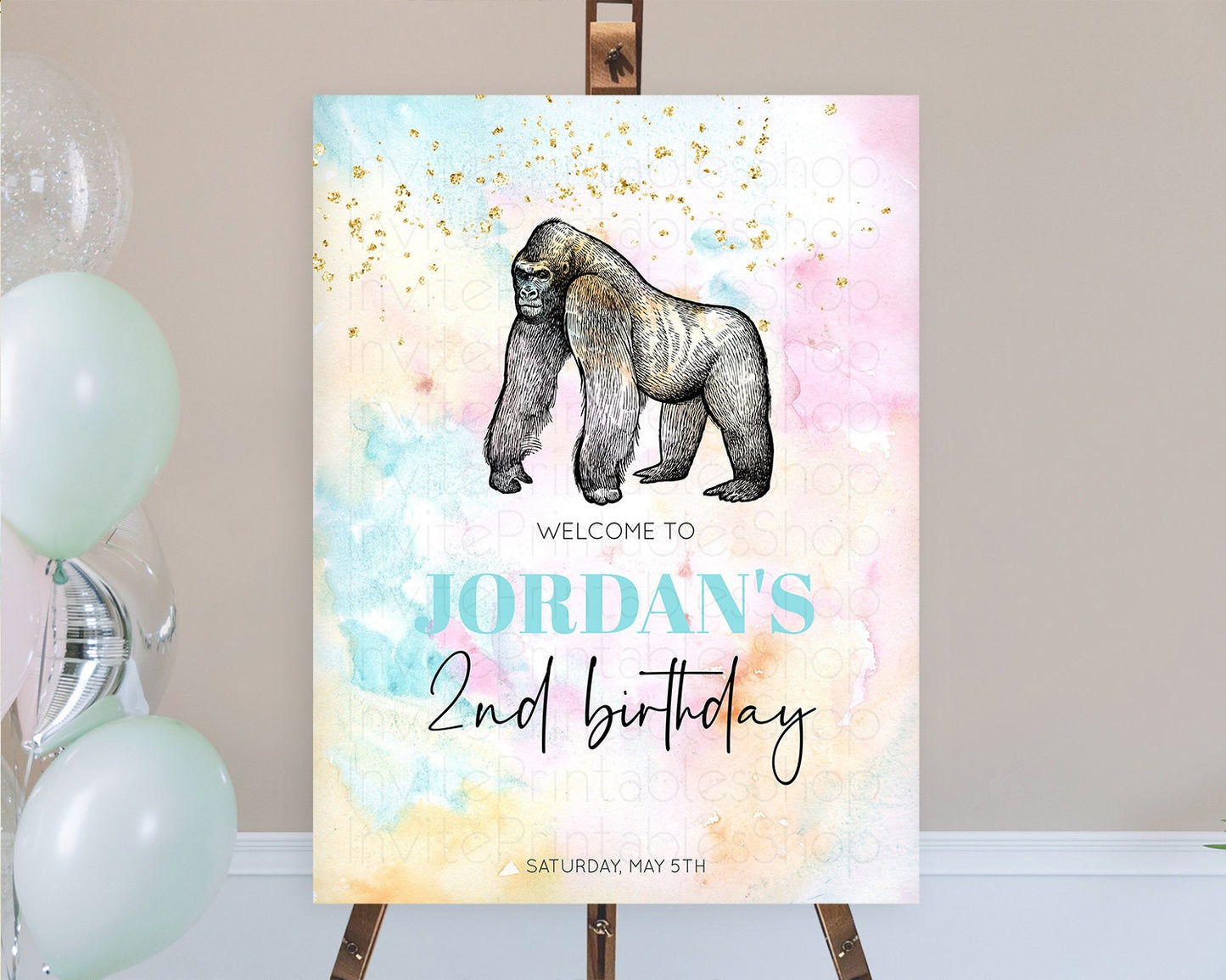 Pastel Gorilla Welcome Sign Rainbow Gorilla Welcome Board Colorful Rainbow Pastel Confetti Watercolor First Birthday Welcome Sign D10284
