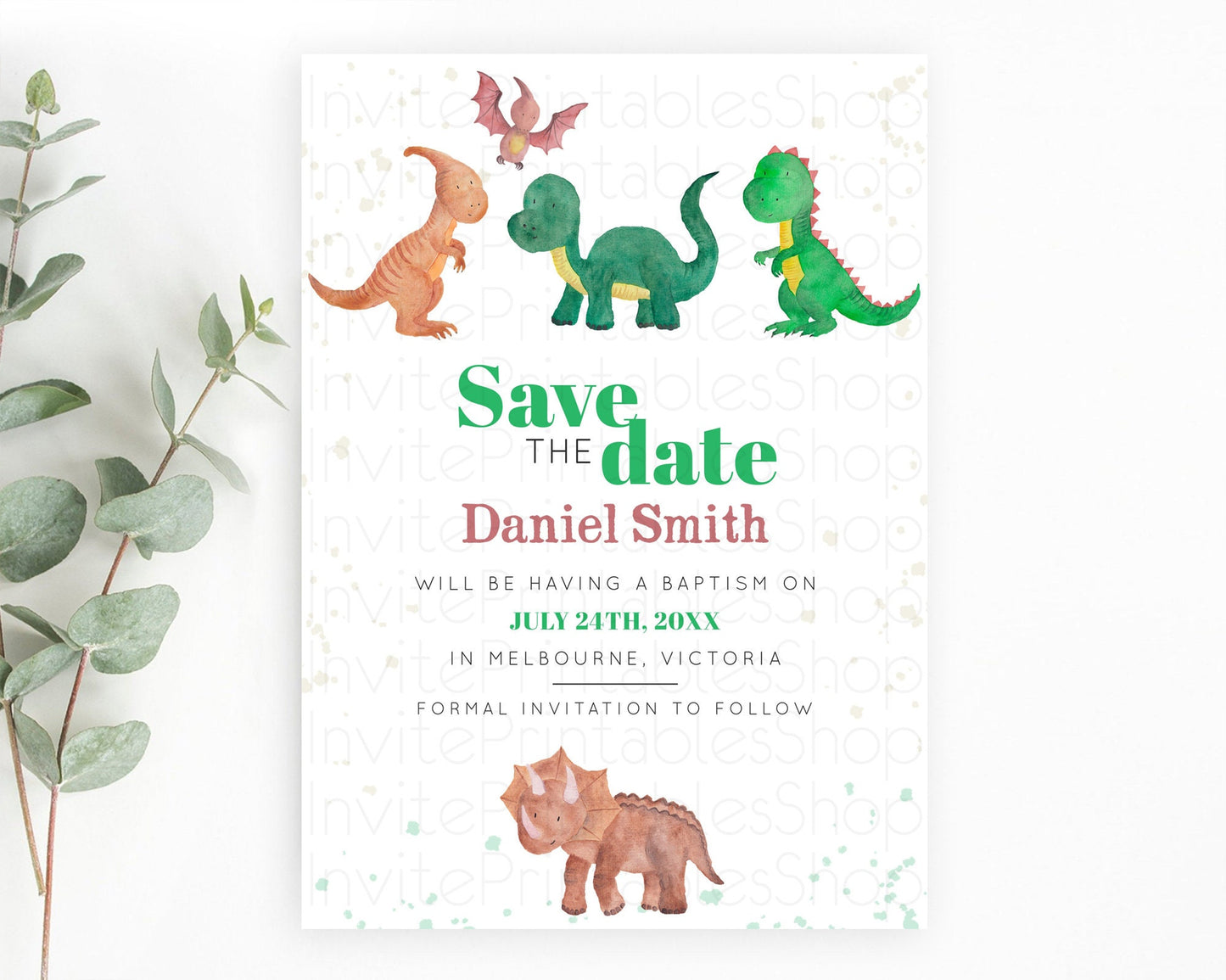 Dinosaur Save The Date Template Dinosaur Volcano Watercolor Volcano T-Rex Raptor Jurassic Party 1st Birthday Baptism Baby Shower D10153