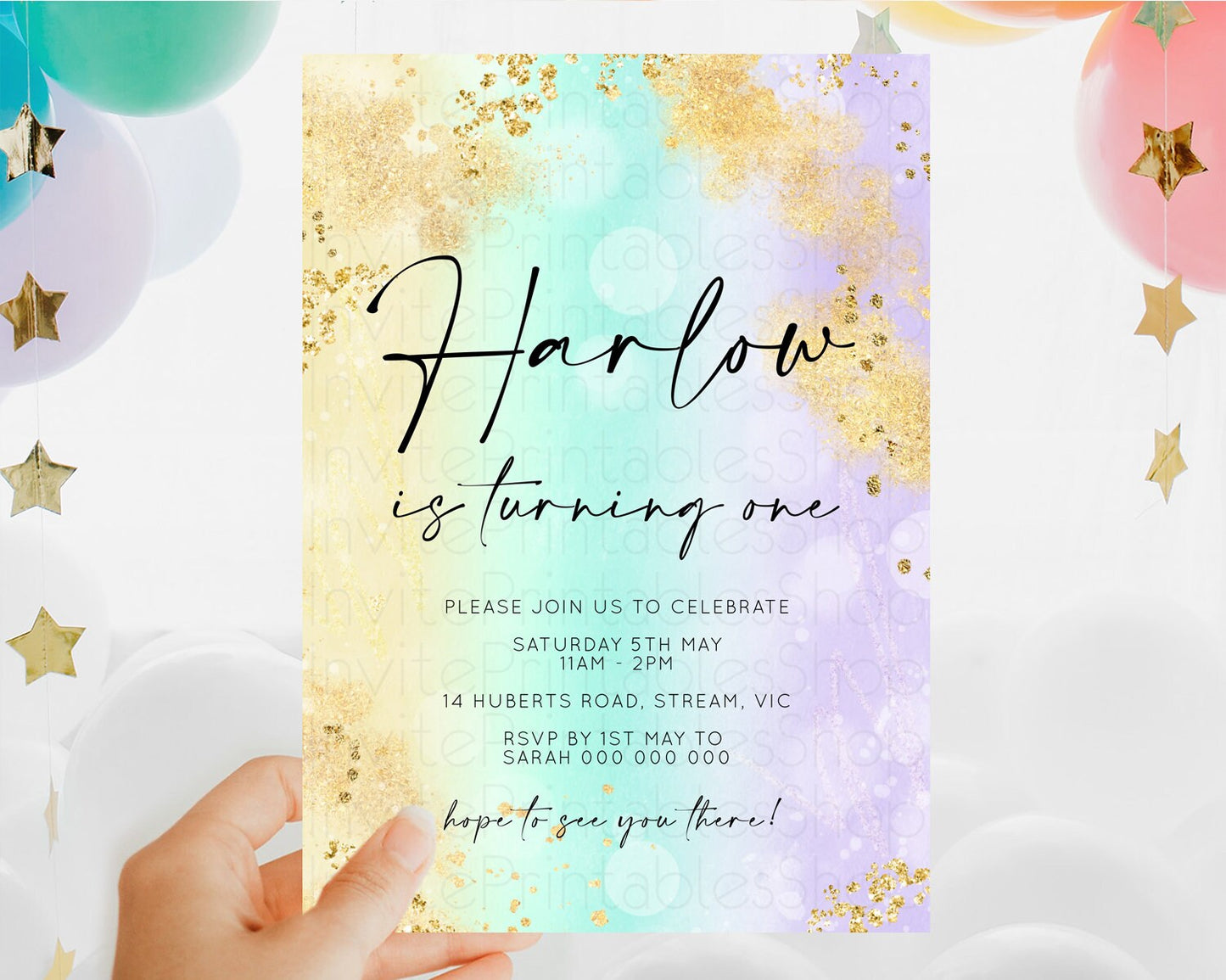 Rainbow Birthday Invitation Colorful Pastel Watercolor Invitation Gold Glitter Sprinkles Ombre Pastel 1st 2nd 3rd Birthday D10672