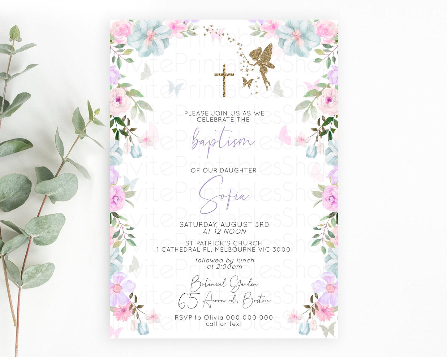 Fairy Baptism Invitation Fairy Baptism 1st Birthday Invitation Enchanted Secret Garden Christening Invite Pastel Floral Butterfly D10475