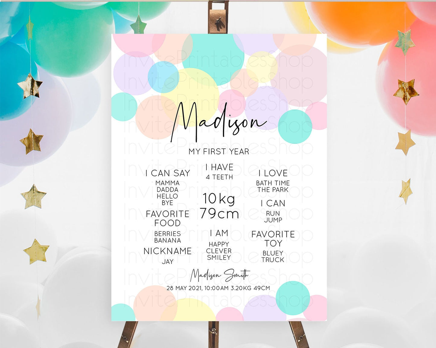 Pastel First Birthday Milestone Poster Pastel Rainbow Confetti First Birthday Milestone Board Colorful Bubbles Birthday Welcome Sign D10223