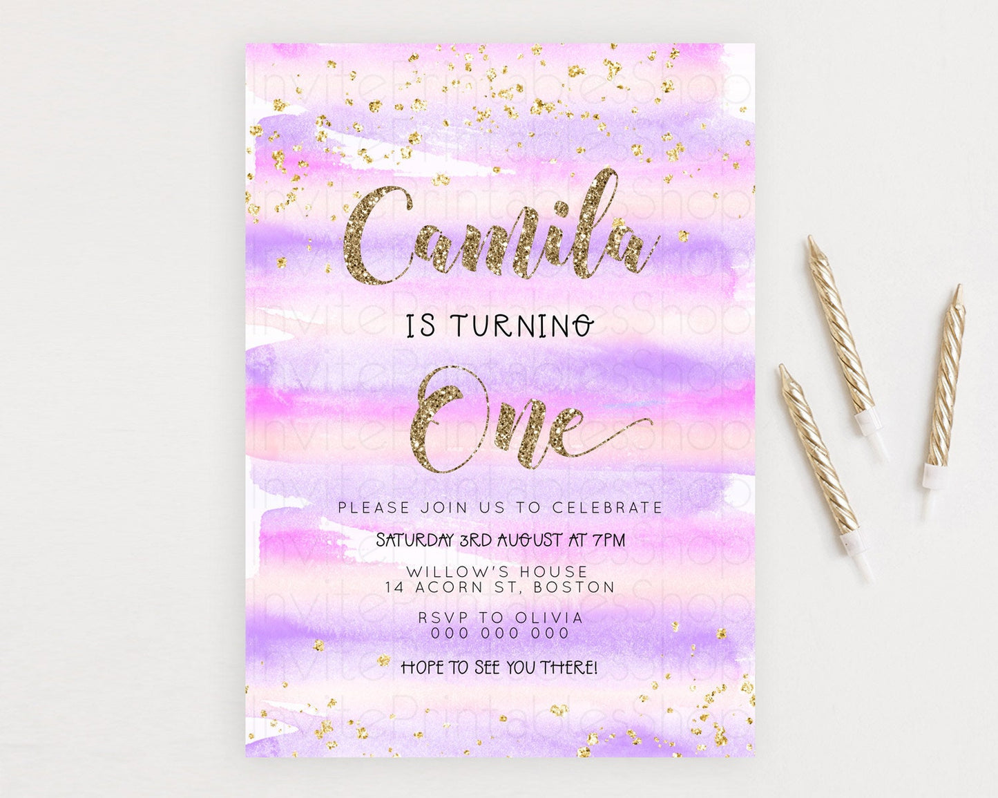 Pink Birthday Invitation pink Watercolor Invitation Pastel pink Watercolor Invitation pink Splash Gold Invitation 1st First Birthday D23266