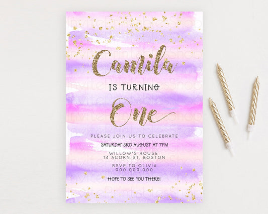 Pink Birthday Invitation pink Watercolor Invitation Pastel pink Watercolor Invitation pink Splash Gold Invitation 1st First Birthday D23266