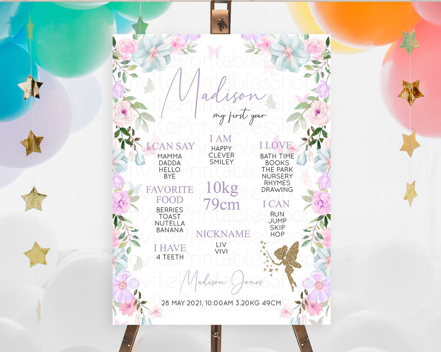 Fairy First Birthday Milestone Poster Fairy Secret Garden Milestone Board Enchanted Garden Pastel Floral Butterfly 1st Birthday Sign D10475