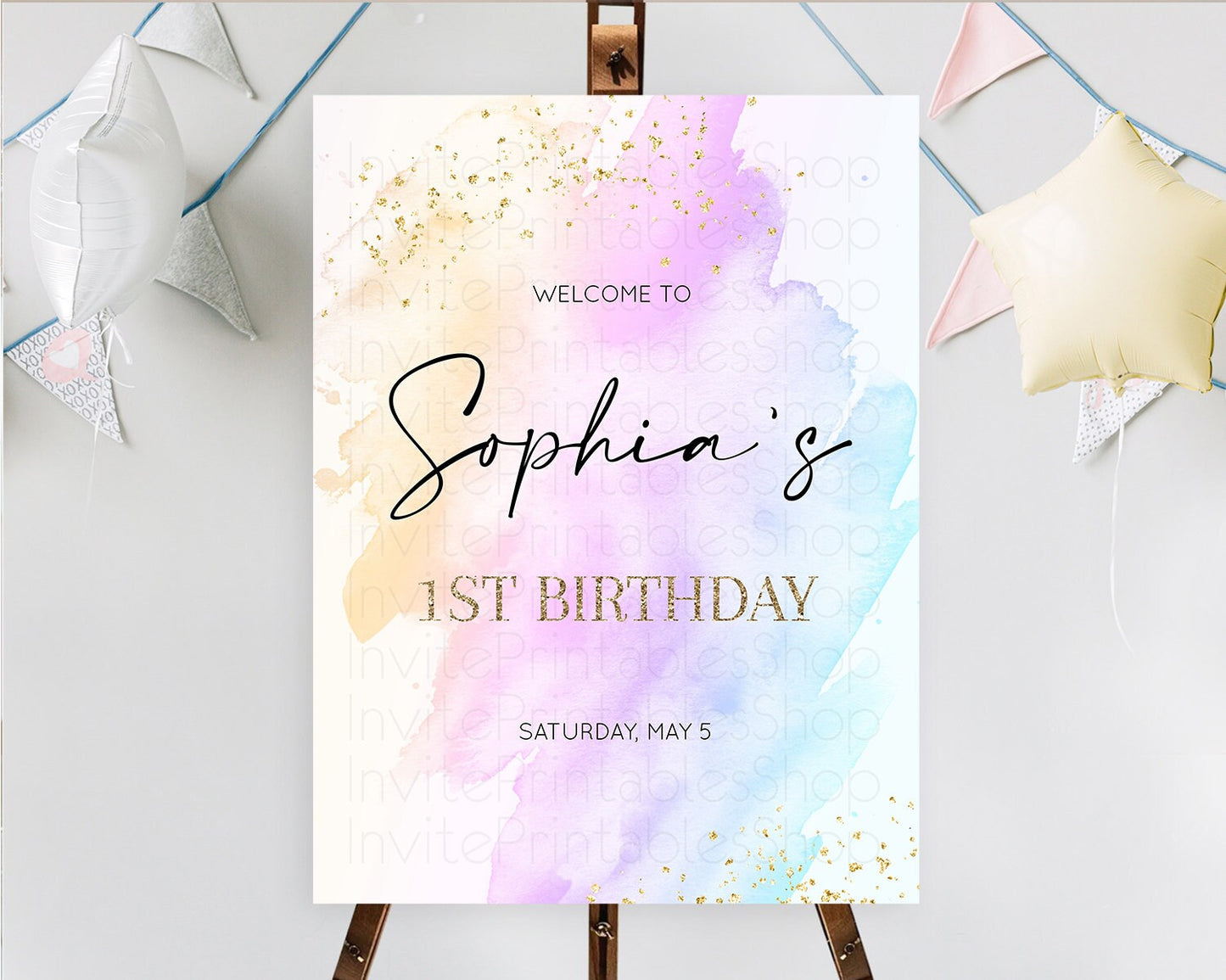 Pastel Welcome Sign Pastel Rainbow Welcome Sign Colorful Rainbow Confetti Watercolor Glitter Pastel First Birthday Welcome Sign D10175