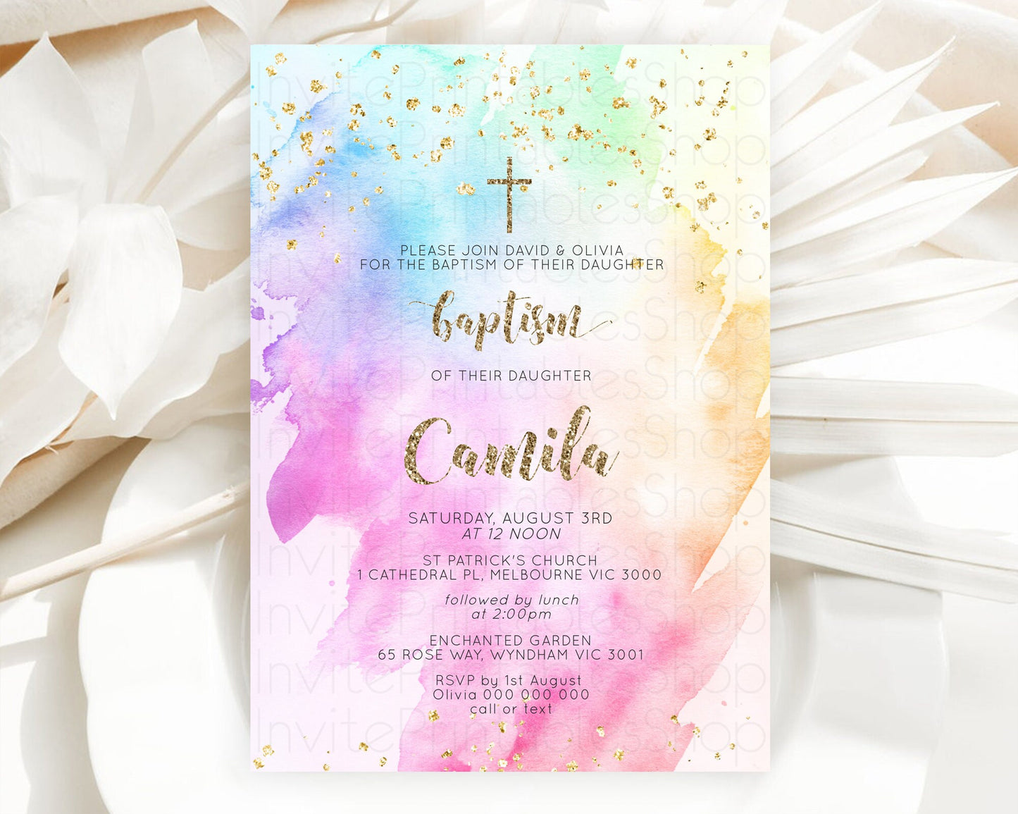 Pastel Baptism Invitation Pastel Colors Watercolor Baptism 1st Birthday Party Gold Ombre Pastel Rainbow Christening Holy Communion D10450