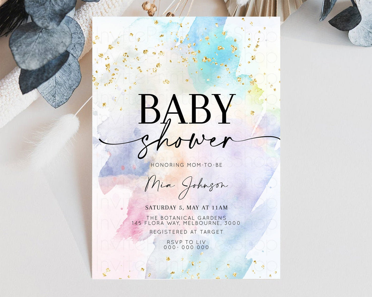 Rainbow Baby Shower Invitation Pastel Baby Sower Invite Colorful Splash Invite Sprinkle Confetti Watercolor Ombre Baby Shower Invite T487