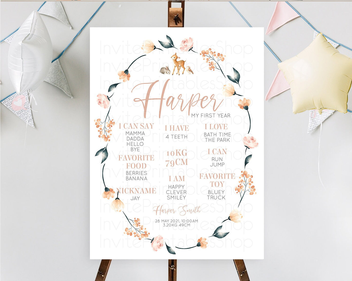 Fawn First Birthday Milestone Board Deer First Birthday Milestone Poster Enchanted Forest Butterfly Pastel Flowers 1st Birthday Sign D10241