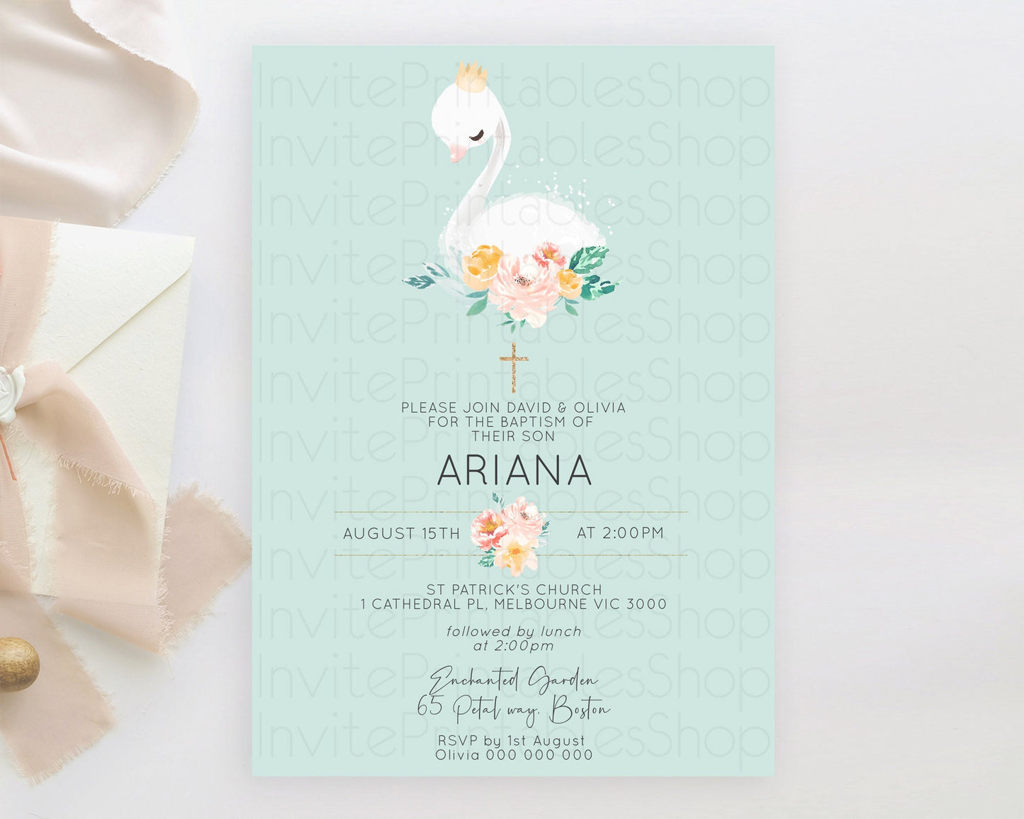 Swan Lake Baptism Invitation Swan Princess Ballet Baptism 1st Birthday Enchanted Forest Secret Garden Watercolour Pastel Floral D10905