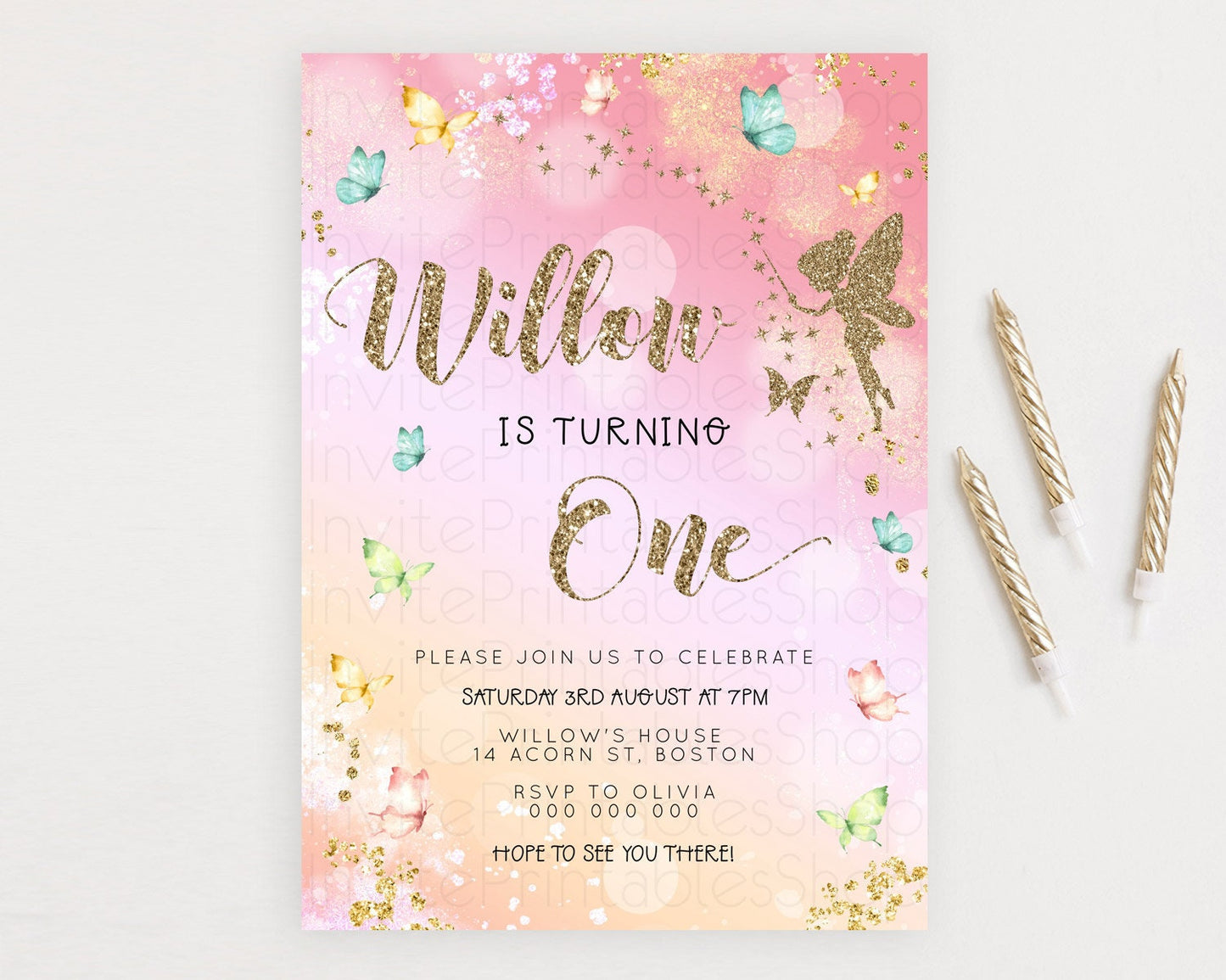 Pastel Fairy Birthday Invitation Pastel Butterflies Fairy Birthday Invitation Rainbow Ombre Watercolor 1st 2nd Birthday Invitation D23149