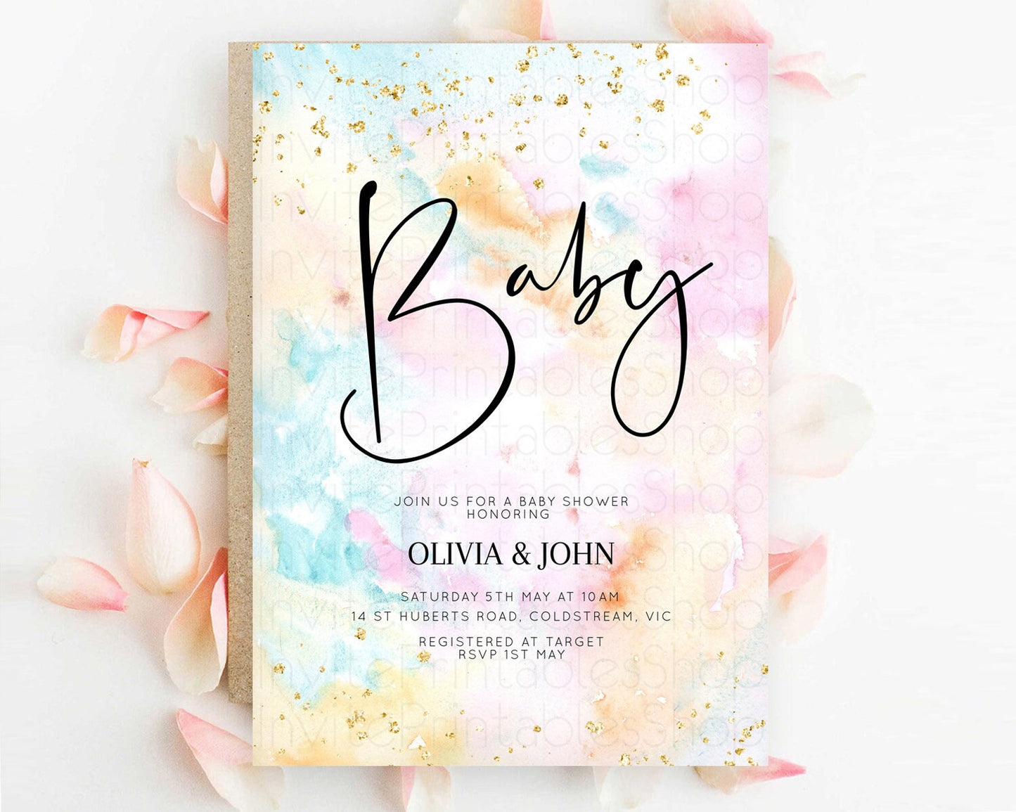 Pastel Baby Shower Invitation Rainbow Baby Shower Invitation Colorful Pastel Watercolor Invitation Gold Glitter Sprinkles Ombre D10548