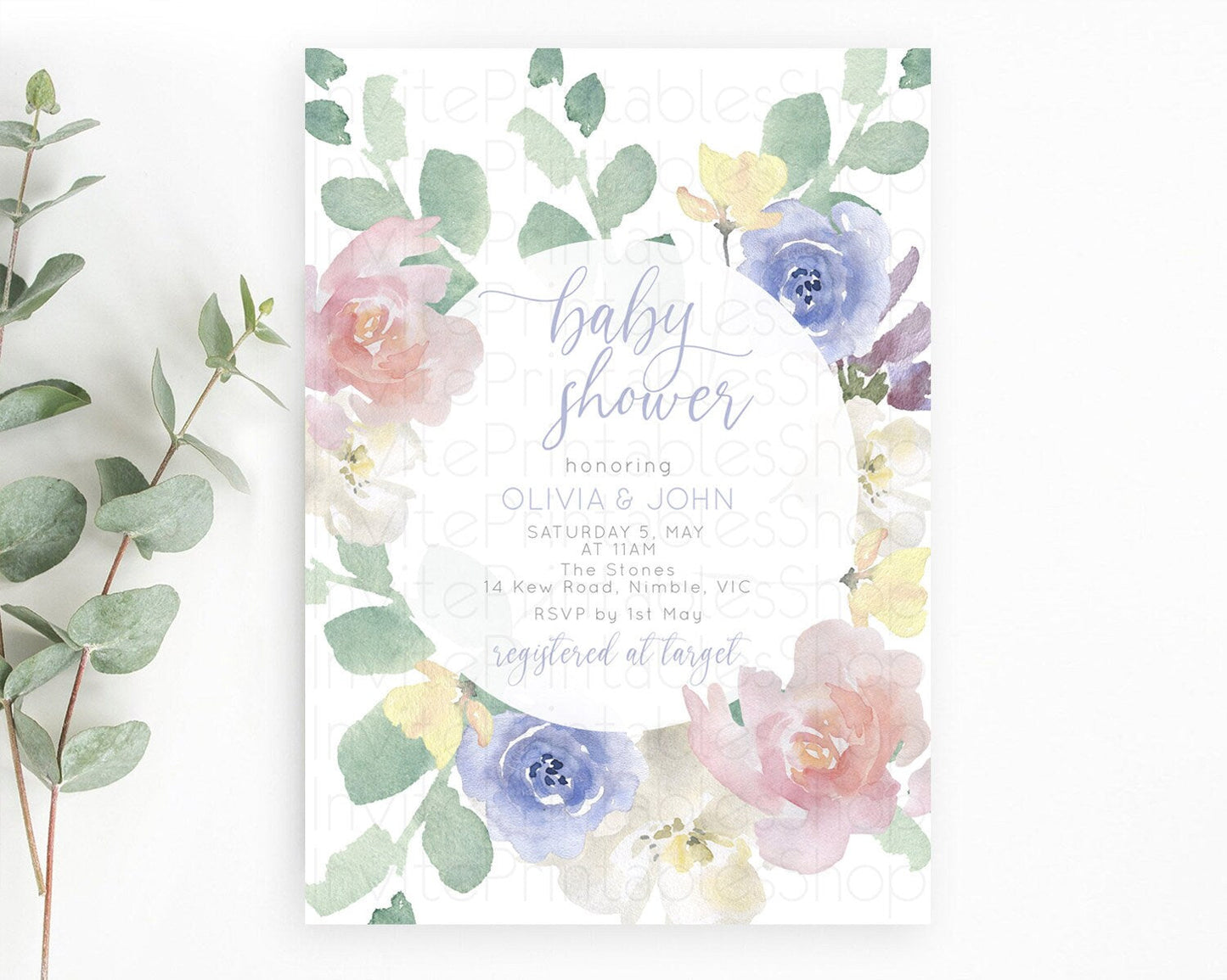 Enchanted Garden Baby Shower Invitation, Wildflower, Blooms, Secret Garden Pastel Pink Blue Flowers, Elegant Floral Botanical Theme D10860
