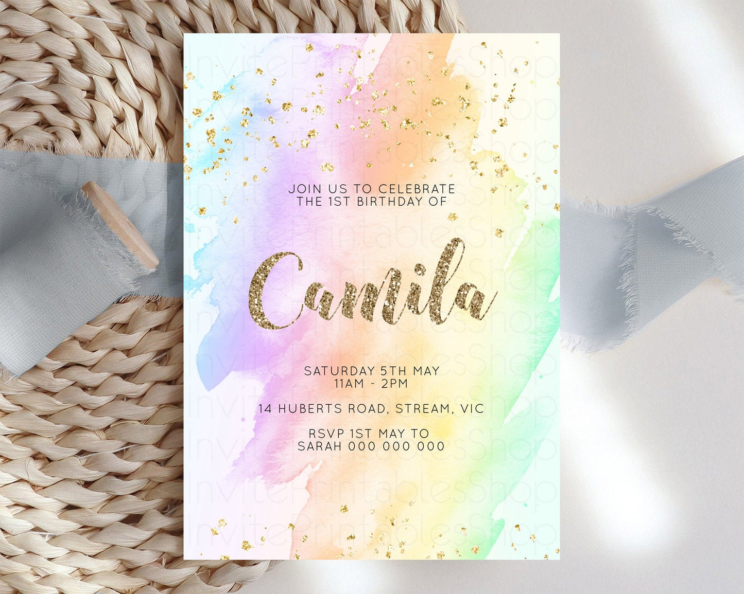 Rainbow Birthday Invitation Glitter Pastel Invitation Colorful Watercolor Gold Foil Splatter Sprinkle Ombre 1st 2nd 3rd Birthday Invite g602