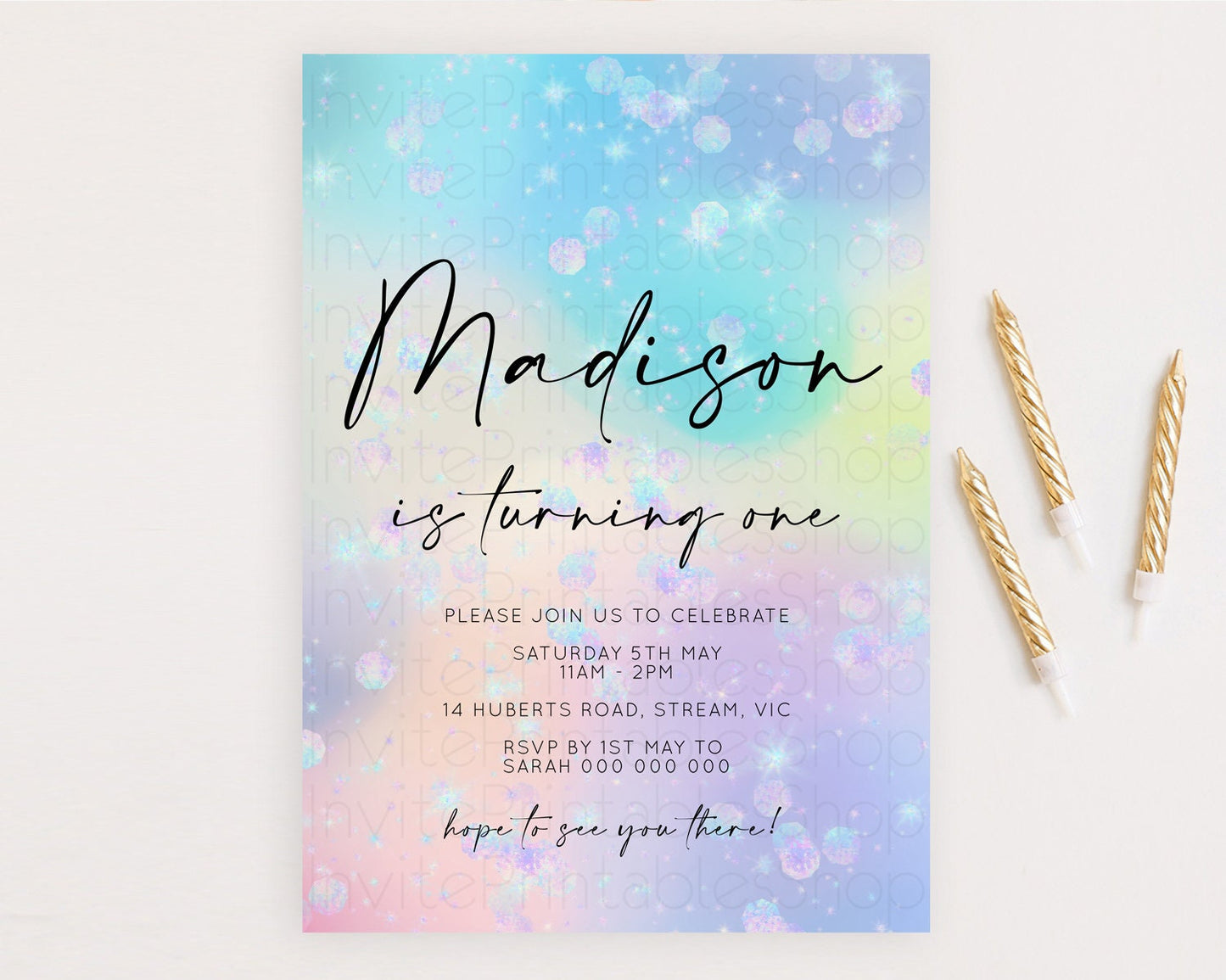 Rainbow Birthday Invitation Colorful Pastel Watercolor Iridescent Glitter Sprinkles Ombre Pastel Invitation 1st 2nd First Birthday D10665
