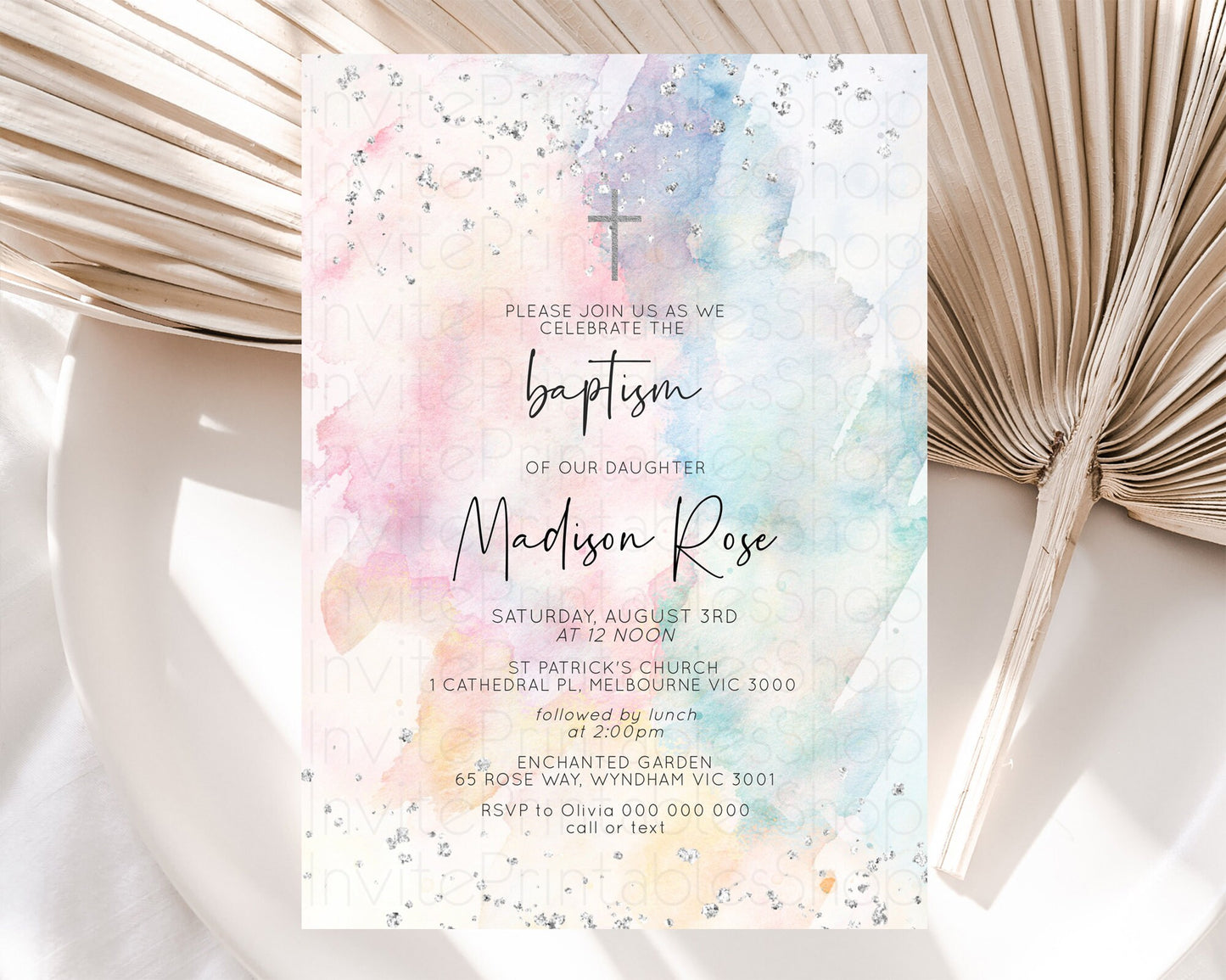 Rainbow Baptism Invitation Colorful Pastel Watercolor Baptism 1st Birthday Invitation Silver Glitter Ombre Christening Invitation D10945