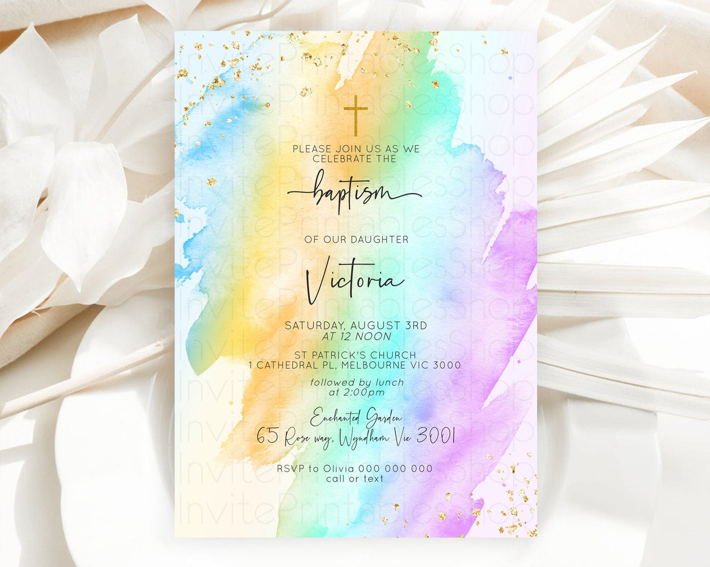 Pastel Baptism Invitation Pastel Colors Watercolor Baptism 1st Birthday Party Gold Ombre Pastel Rainbow Christening Holy Communion D10425