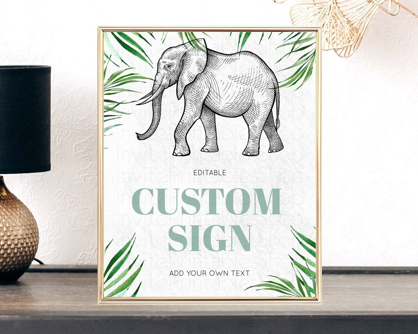 Elephant Sign Elephant Safari Adventure Party Table Sign Decor Dried Palm Fern Zoo 1st Birthday Baptism Baby Shower Bridal Shower D10850