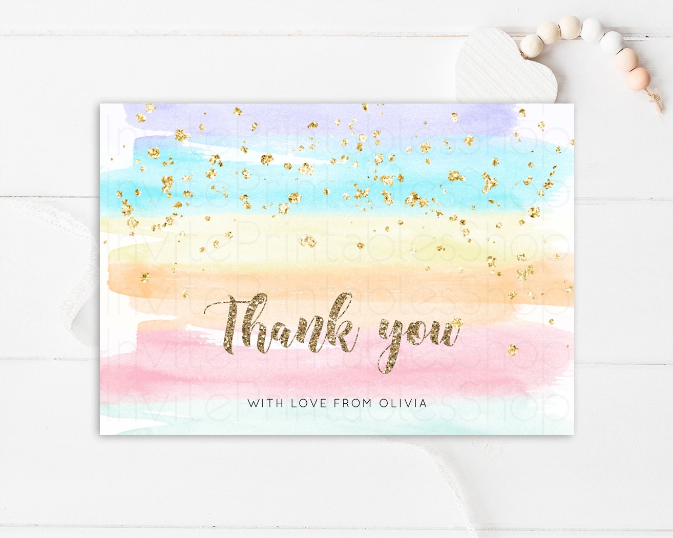 Pastel Rainbow Thank you Colorful Watercolor Folded Gift Cards Custom Note Message Glitter Birthday Engaged Baby Shower Wedding Guests 525