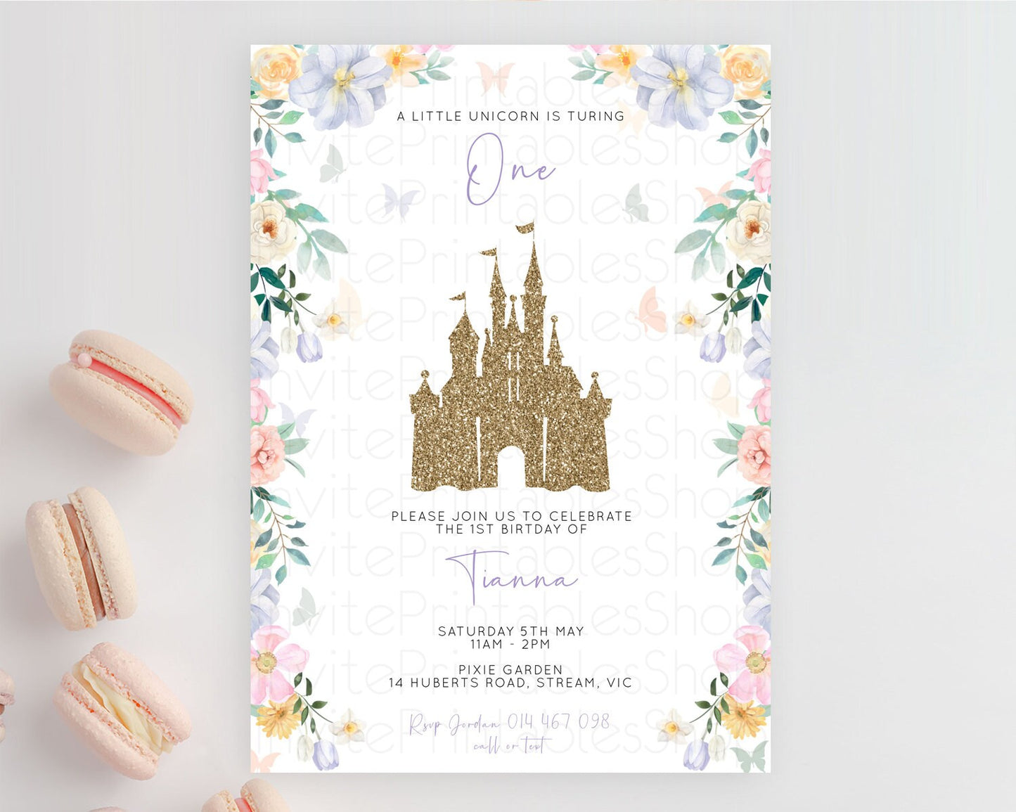 Princess Birthday Invitation Castle Invitation Royal Birthday Fairy Tale Enchanted Castle Pastel Floral Garden 1st First Birthday D10469