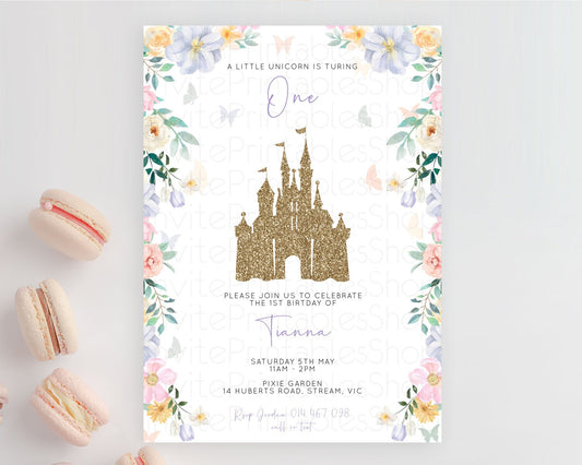 Princess Birthday Invitation Castle Invitation Royal Birthday Fairy Tale Enchanted Castle Pastel Floral Garden 1st First Birthday D10469