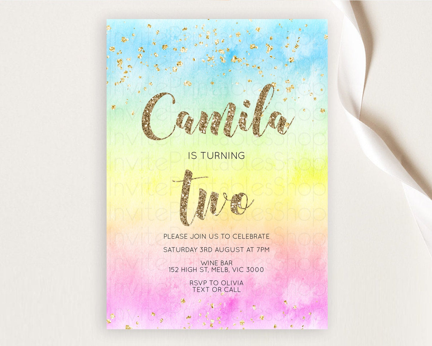 Rainbow Birthday Invitation Colorful Pastel Watercolor Invitation Gold Glitter Sprinkles Ombre Pastel 1st 2nd 3rd Birthday D10479