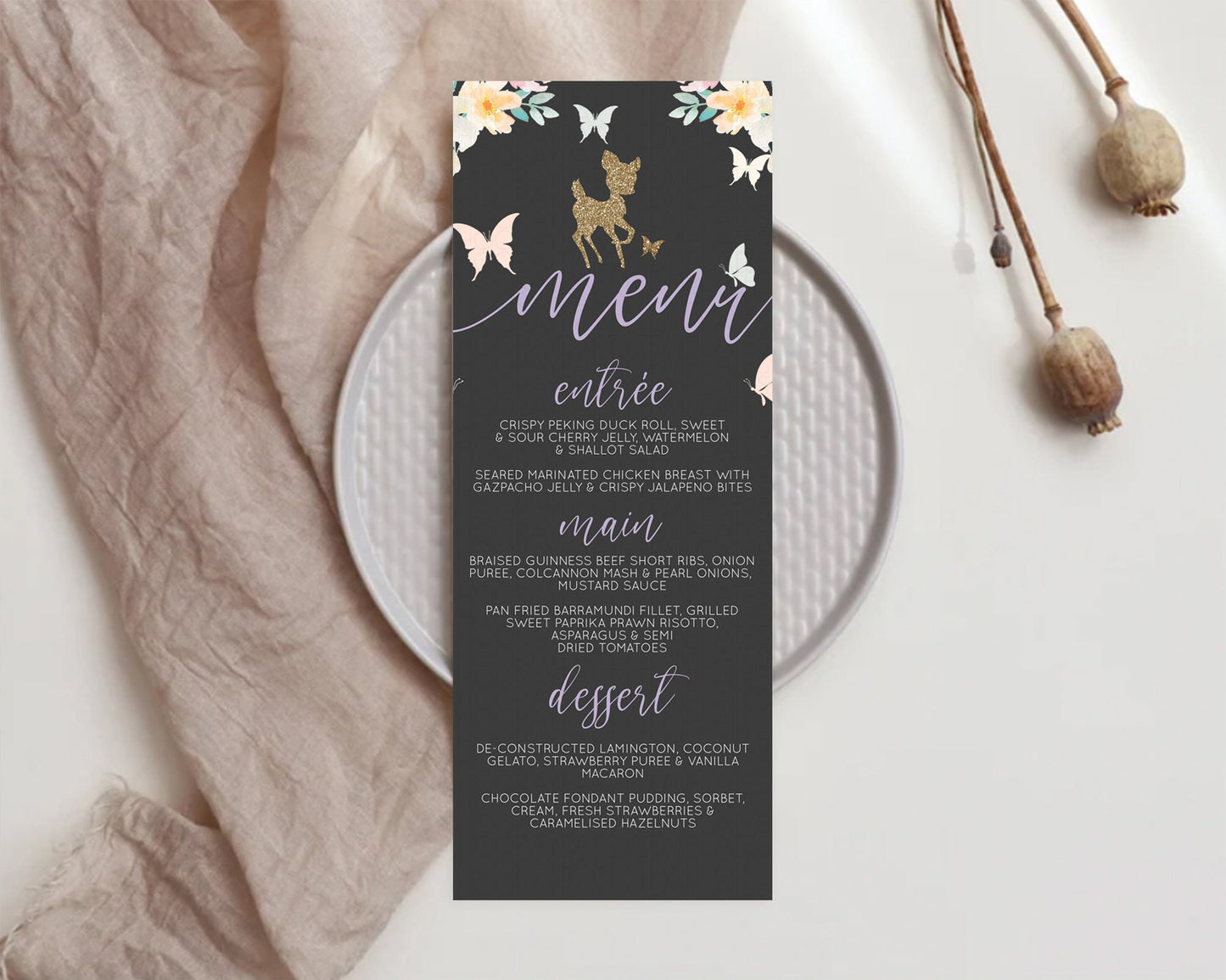 Fawn Menu Deer Menu Template Pastel Floral Deer Table Decor Enchanted Forest Butterfly Floral Dinner Dessert Menu Party Food Menu D10323