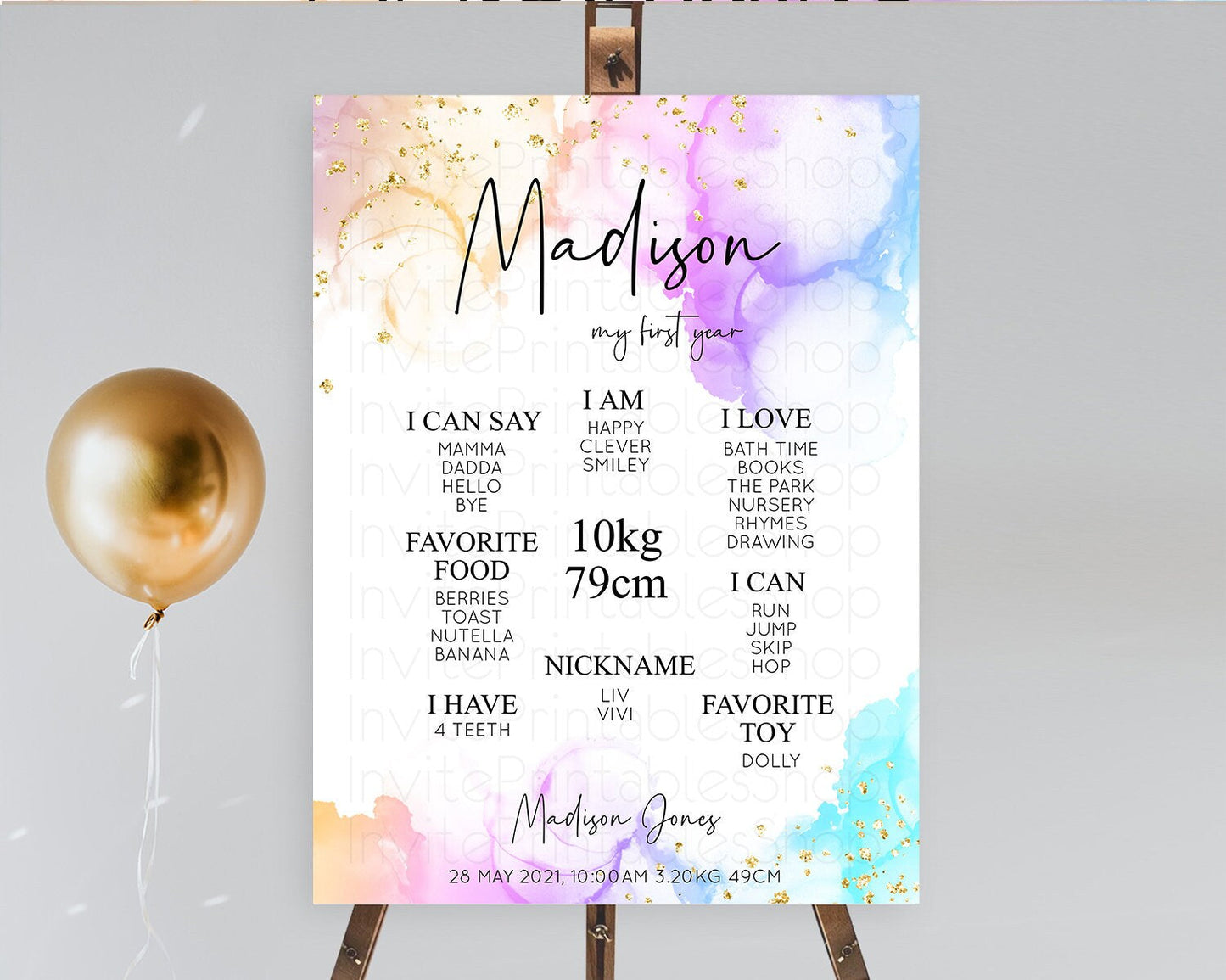 Pastel First Birthday Milestone Board Pastel Rainbow Milestone Poster Colorful Confetti Watercolor Glitter 1st Birthday Welcome Sign D10180