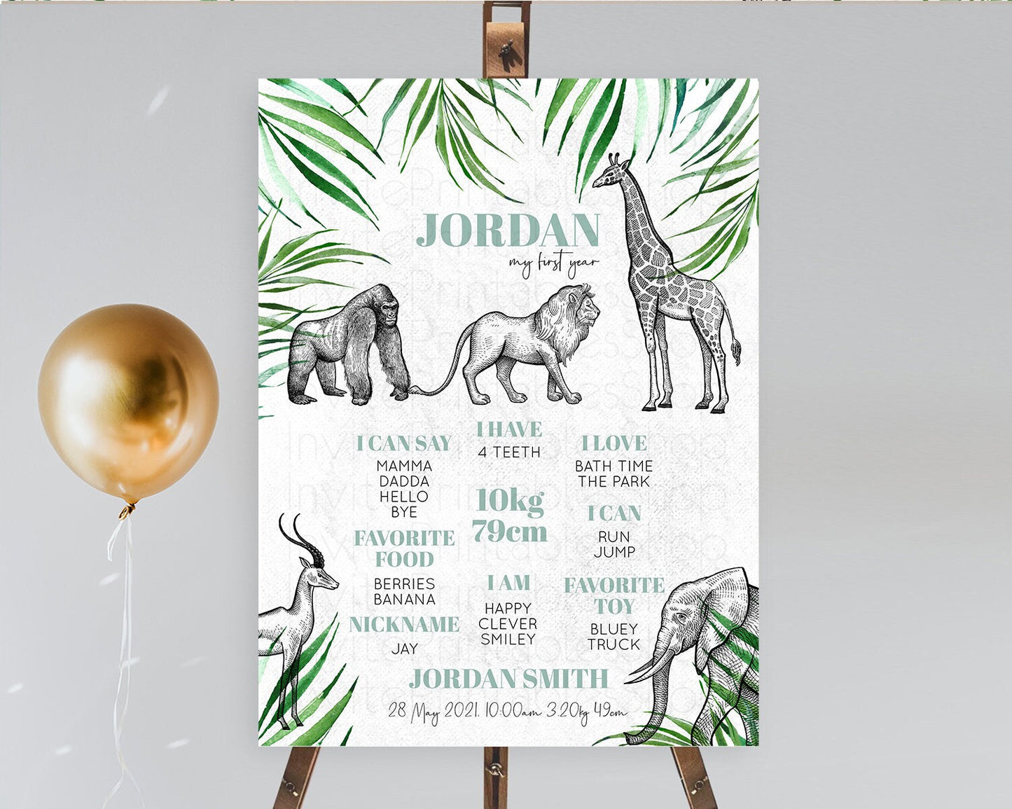 Safari First Birthday Milestone Poster Lion Gorilla Elephant Rhino Tropical Palm Jungle Zoo Party Animal 1st Birthday Welcome Sign D10853