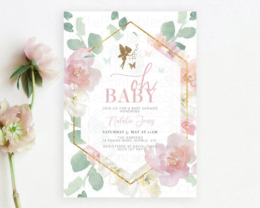 Editable Fairy Baby Shower Invitation: Soft Pink Floral Tea Party, Enchanted