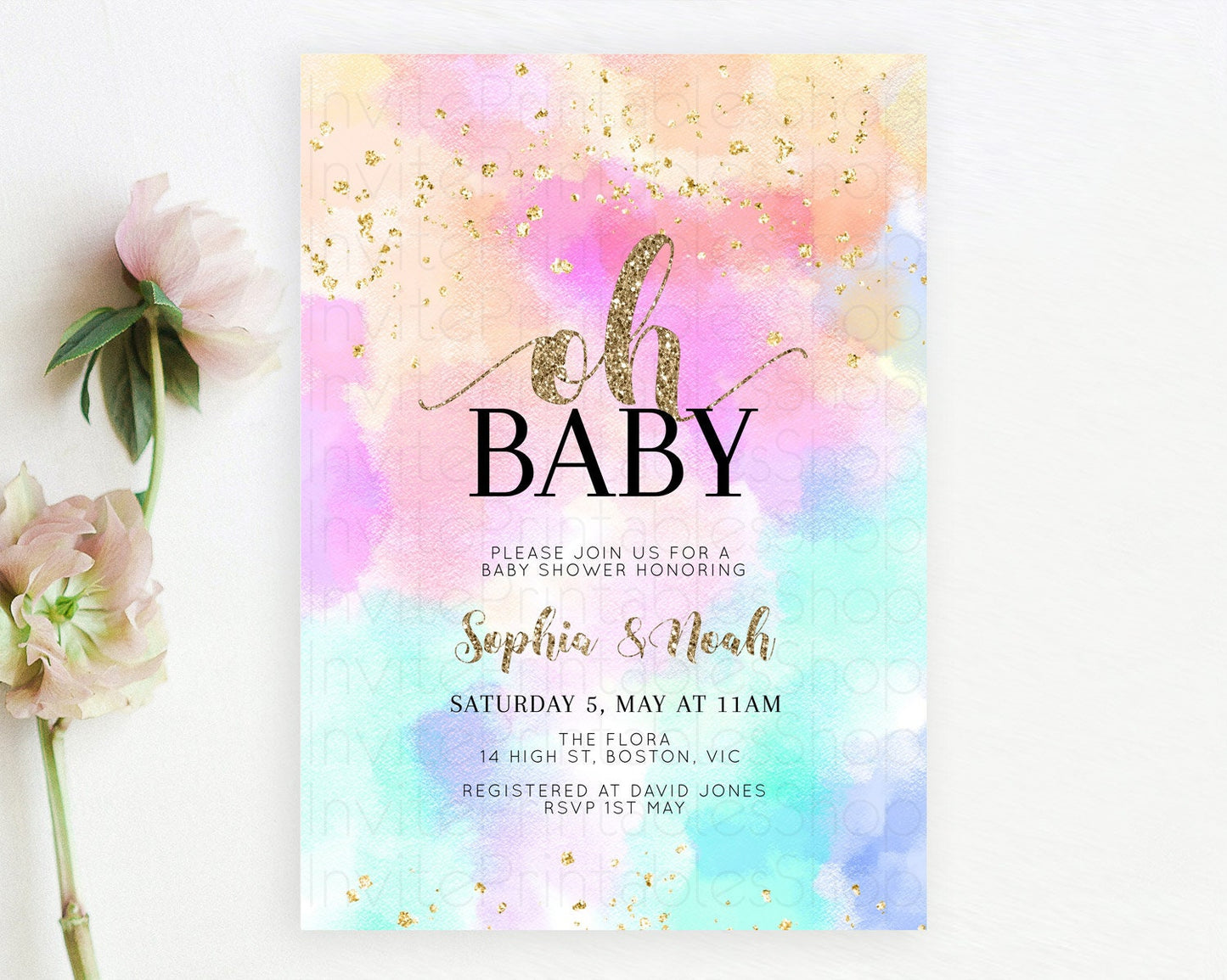 Pastel Baby Shower Invitation Rainbow Baby Shower Invitation Colorful Pastel Watercolor Invitation Gold Glitter Sprinkles Ombre D10669