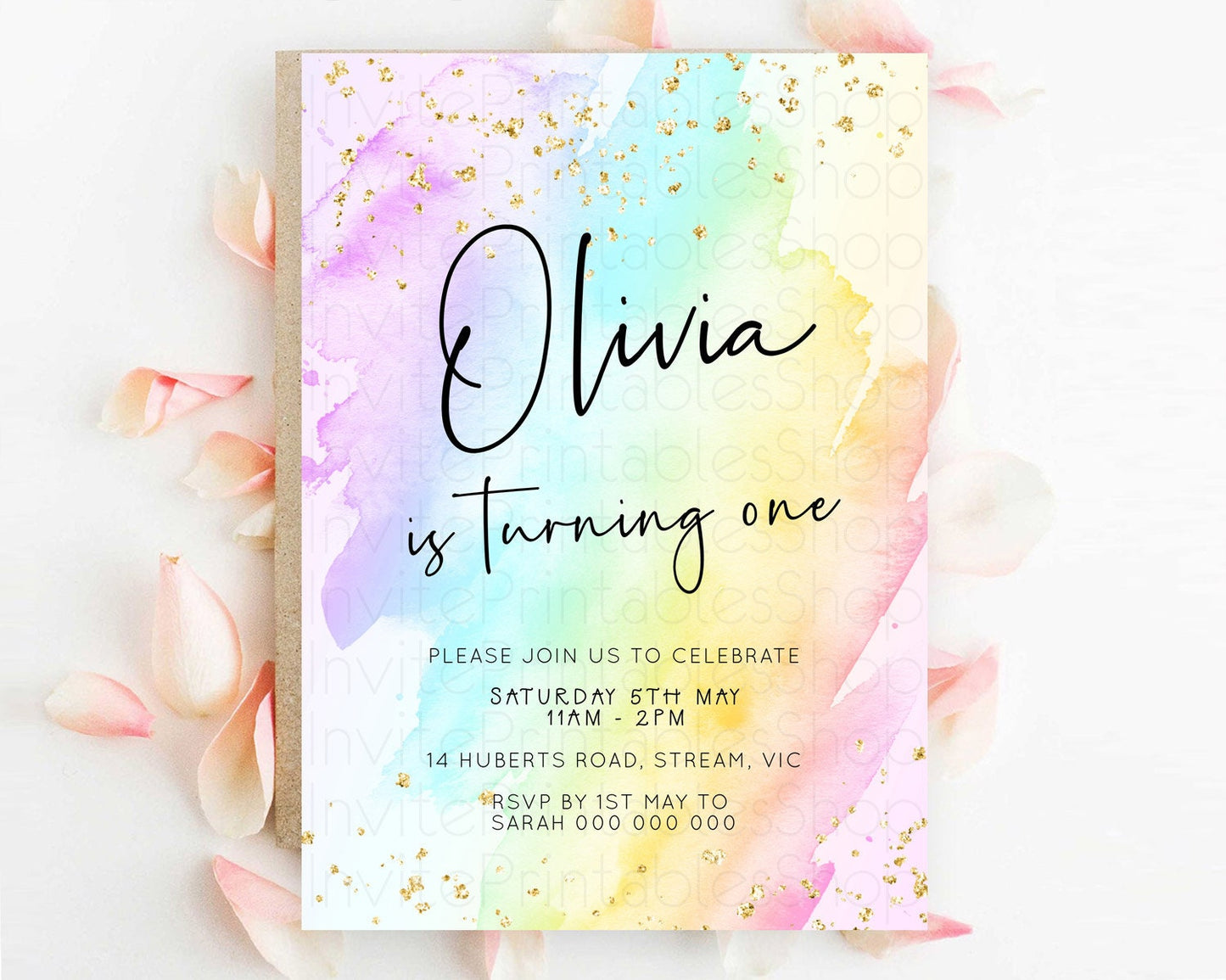 Pastel Birthday Invitation Ombre Watercolor Birthday Invitation Glitter Rainbow Color Splash 1st 2nd 3rd Birthday Invitation D23055