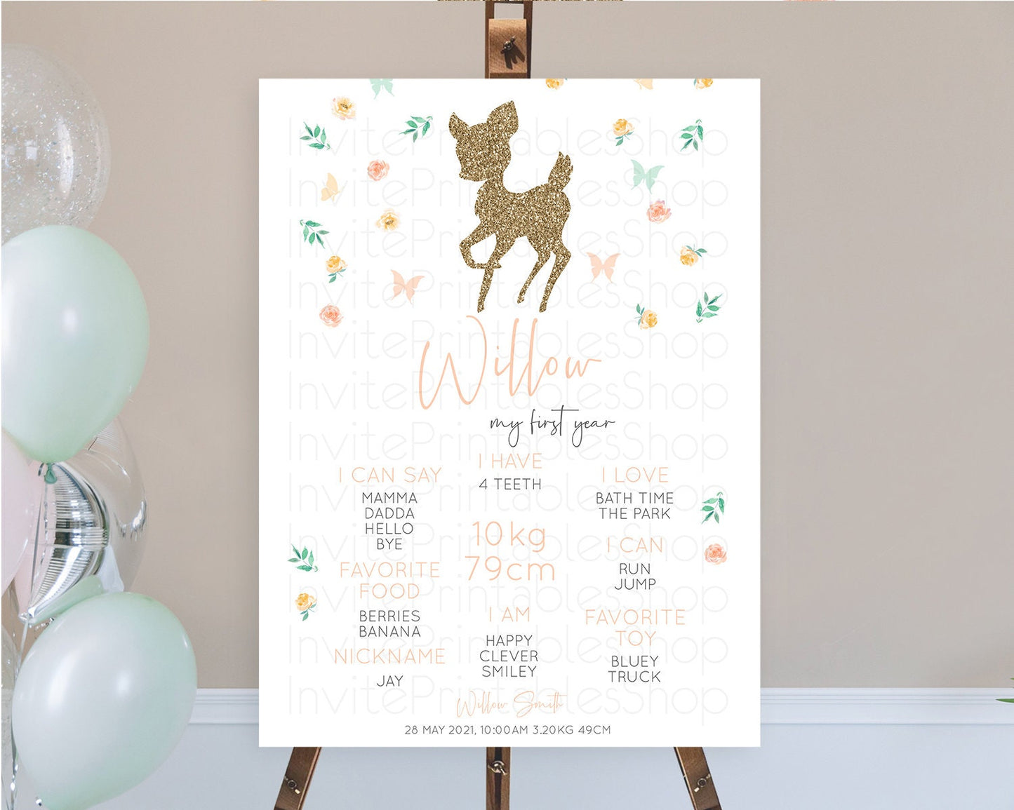 Editable Fawn First Birthday Milestone Board Deer First Birthday Milestone P