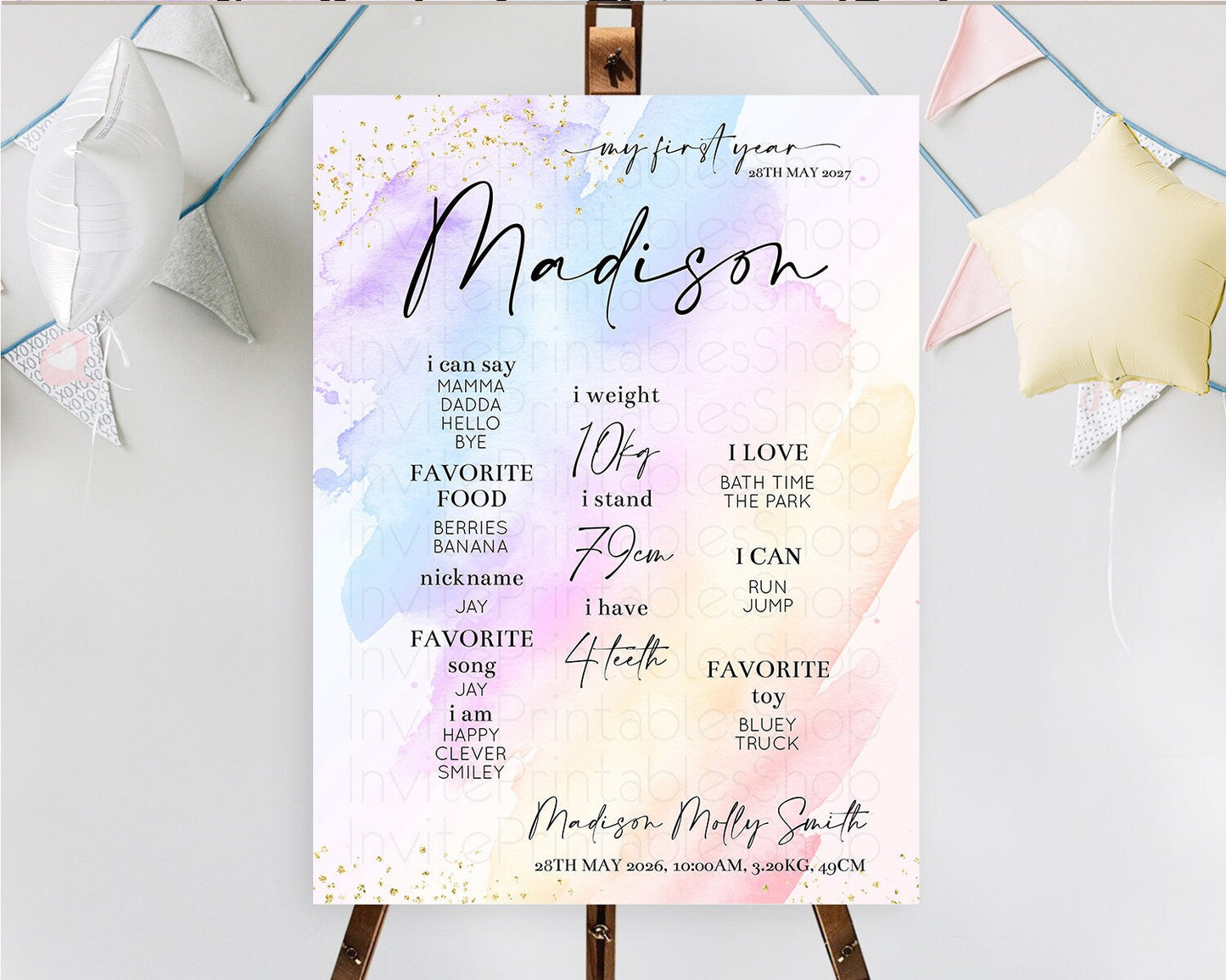 Pastel First Birthday Milestone Board Pastel Rainbow Milestone Poster Colorful Confetti Watercolor Glitter 1st Birthday Welcome Sign D10635