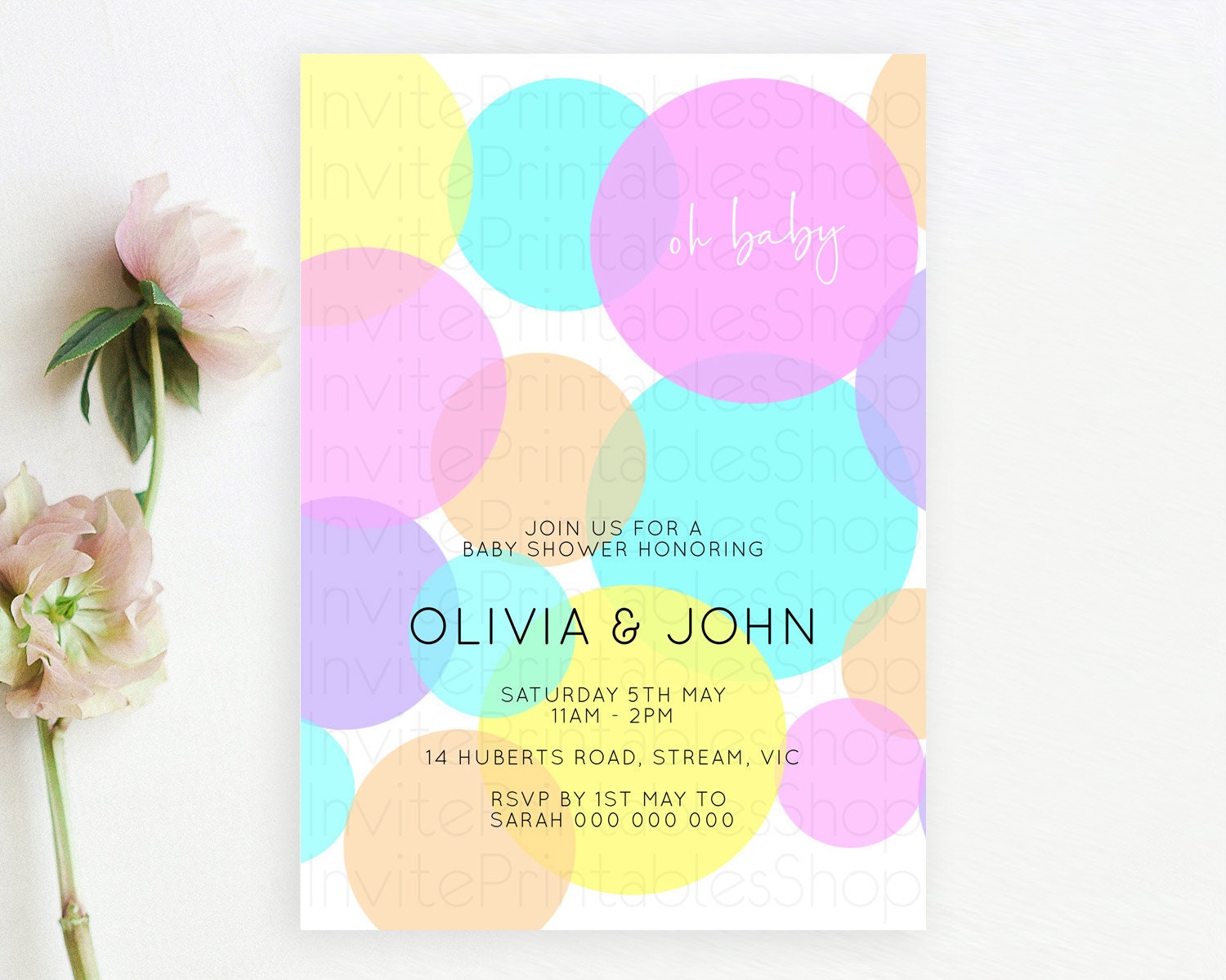 Editable Pastel Rainbow Baby Shower Invitation, Confetti, Sprinkles, Bubbles