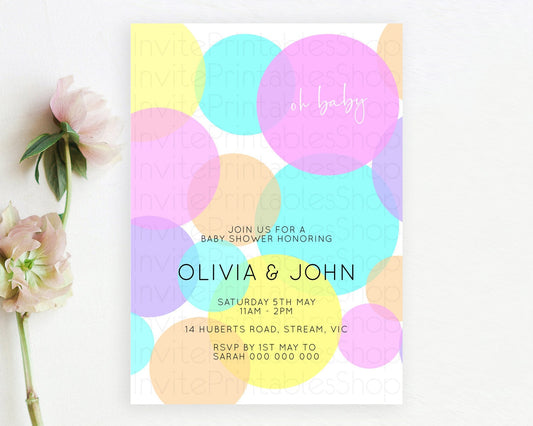 Editable Pastel Rainbow Baby Shower Invitation, Confetti, Sprinkles, Bubbles