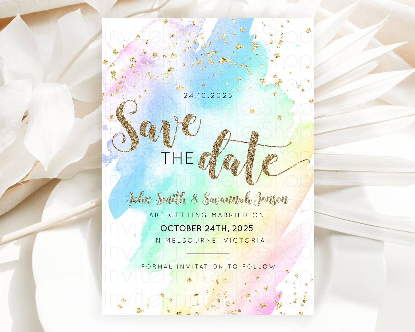 Pastel Save The Date Template Pastel Ombre Rainbow Watercolor Colorful Party For Birthday Baptism Baby Shower Wedding Bridal Shower D10637