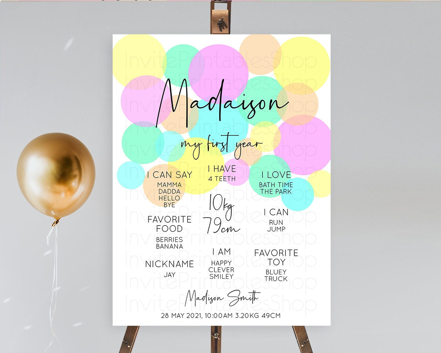 Pastel First Birthday Milestone Poster Pastel Rainbow Confetti First Birthday Milestone Board Colorful Bubbles Birthday Welcome Sign D10409
