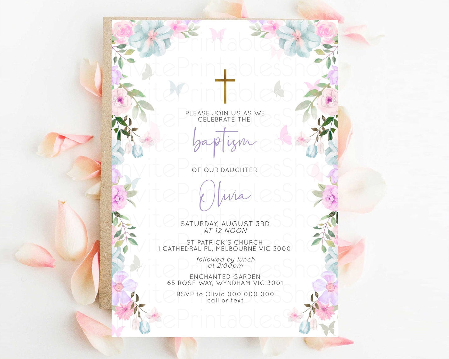 Floral Baptism Invitation Pastel Floral Christening Invitation Enchanted Garden Purple Pink Flowers Butterflies Holy Communion Invite 513