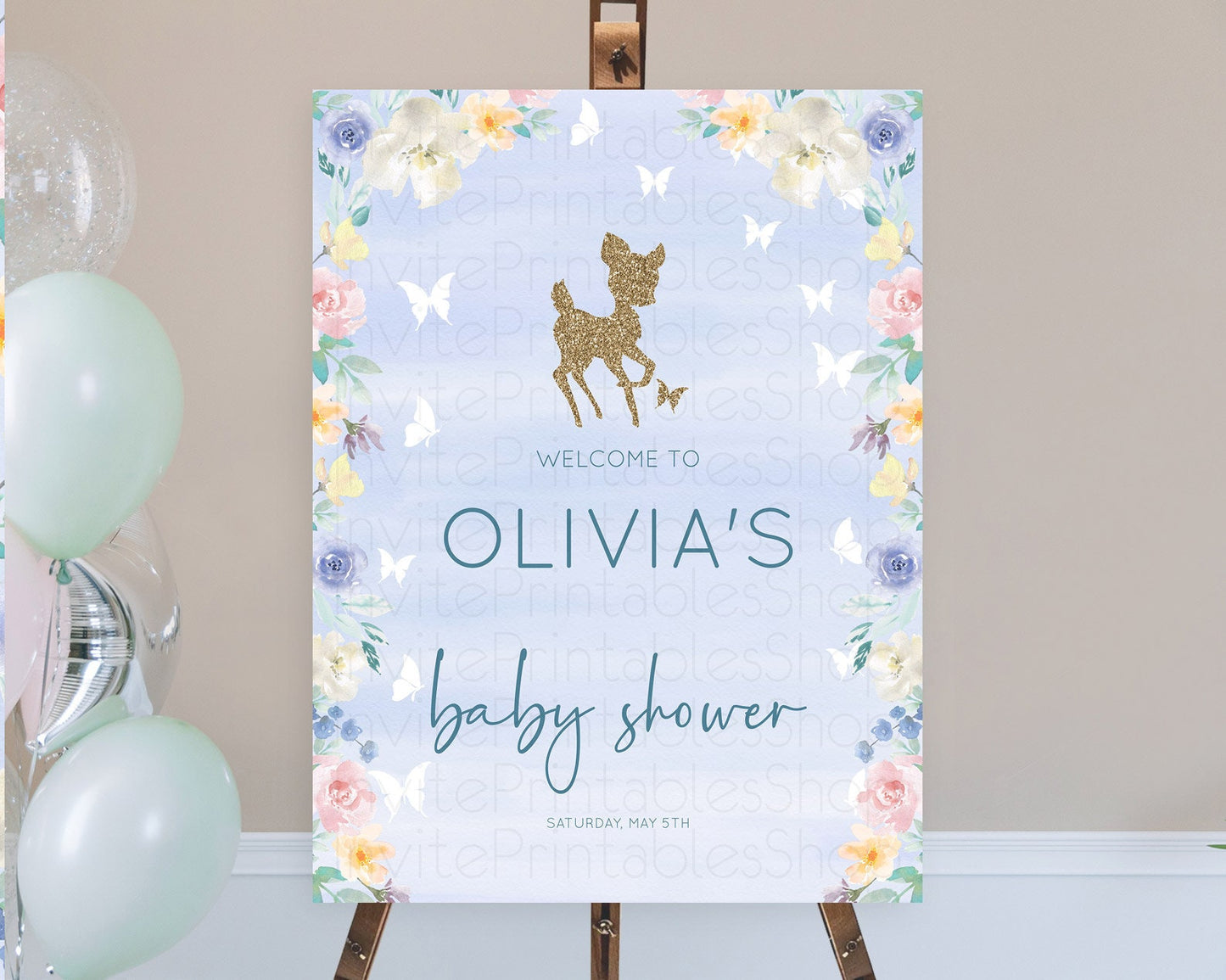 Fawn Baby Shower Welcome Sign Deer Welcome Board Floral Deer Welcome Poster Enchanted Forest Butterfly Pastel Floral Welcome Sign D10879